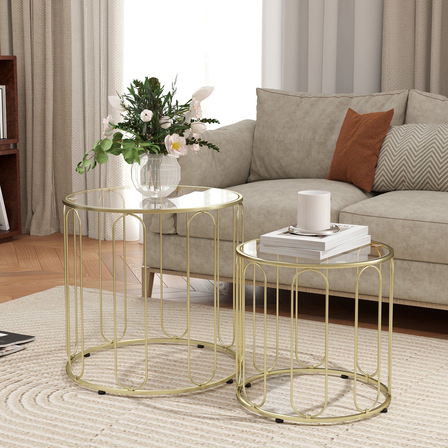 Lot de 2 tables basses gigognes rondes modernes avec cadre en métal et plateau en verre, ton doré