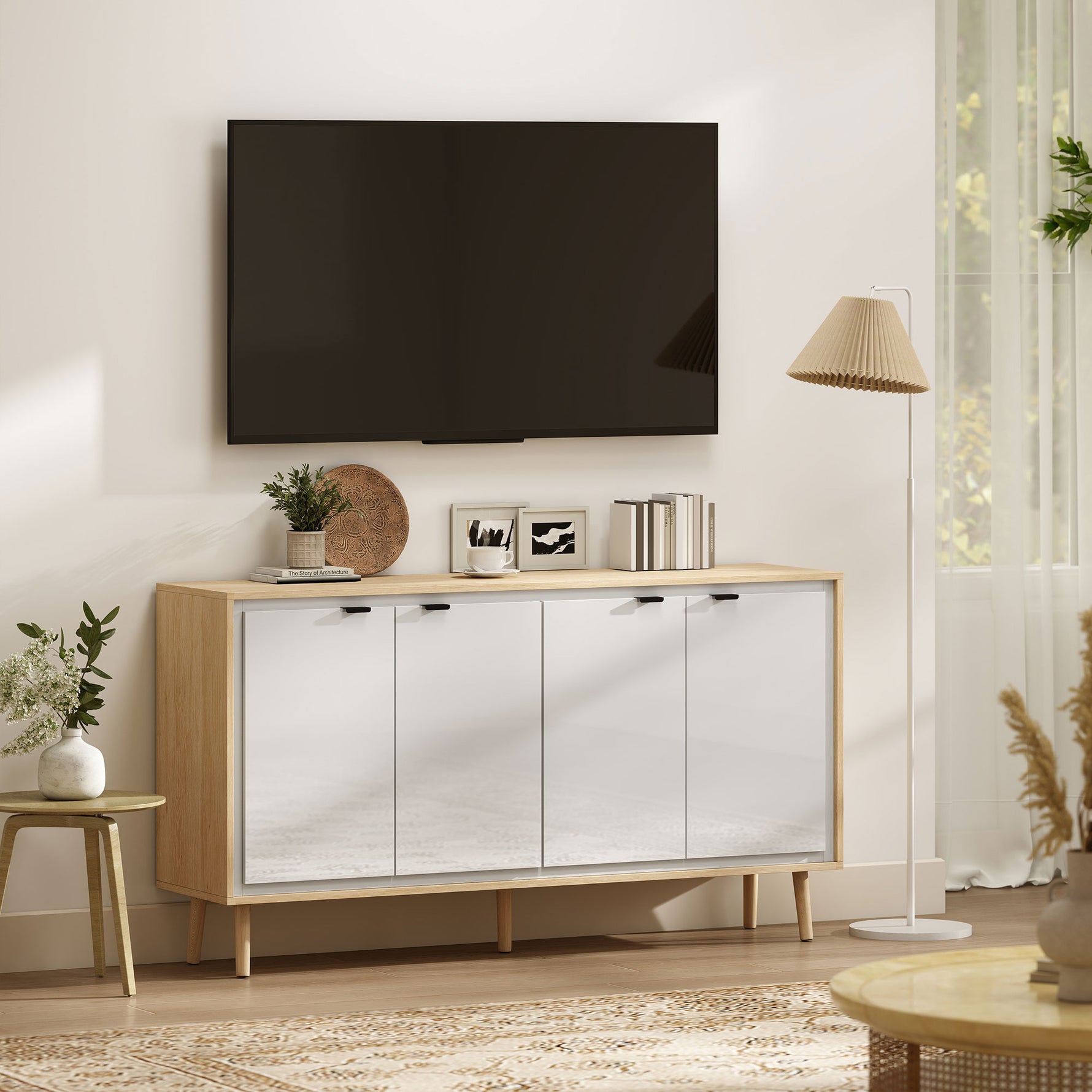 Buffet à haute brillance, meuble de rangement avec 4 portes, étagères réglables, 141 x 35 x 77 cm, blanc et chêne