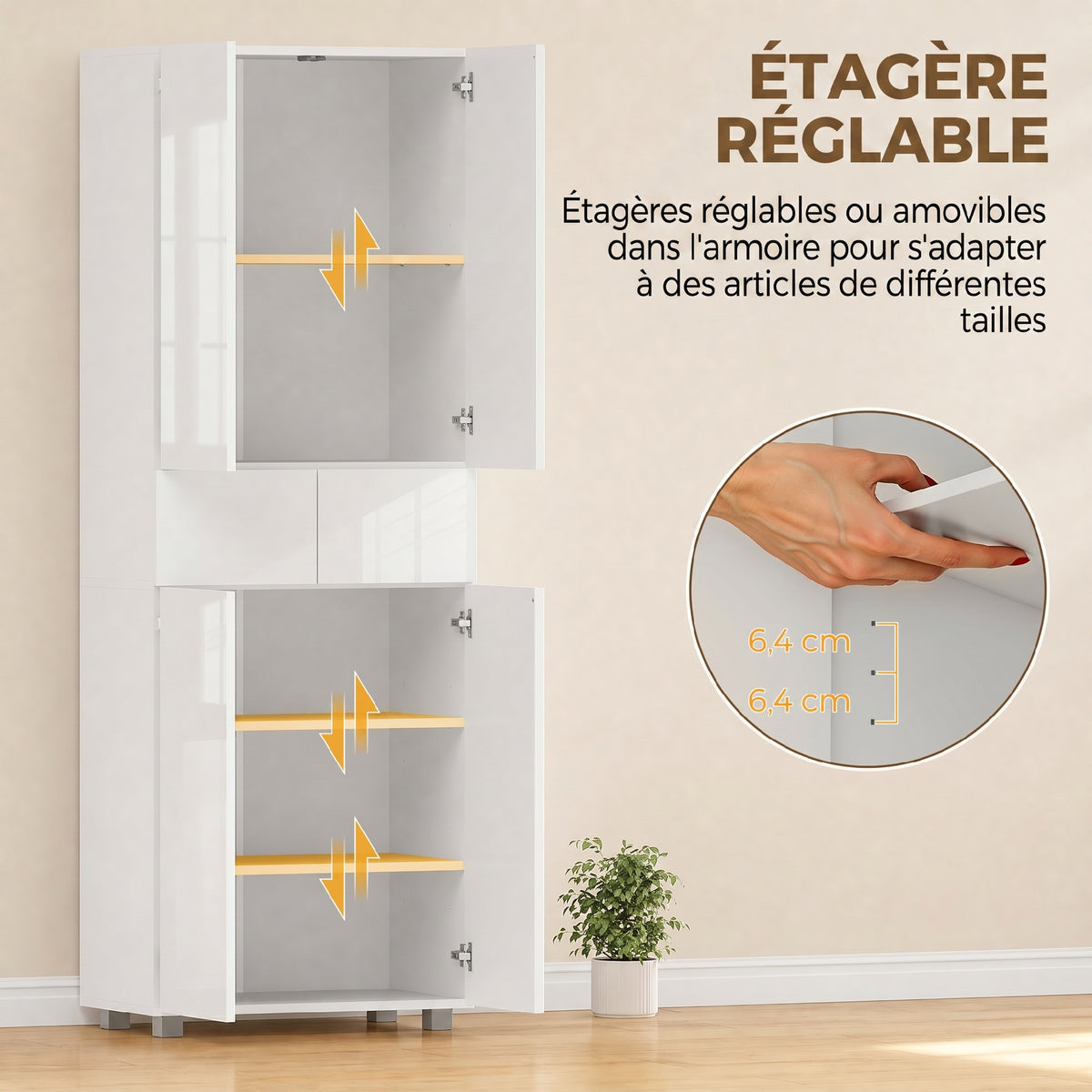 Armoire de cuisine meuble de rangement buffet 4 portes avec étagères réglables - dim. 60L x 35l x 170H cm blanc laqué