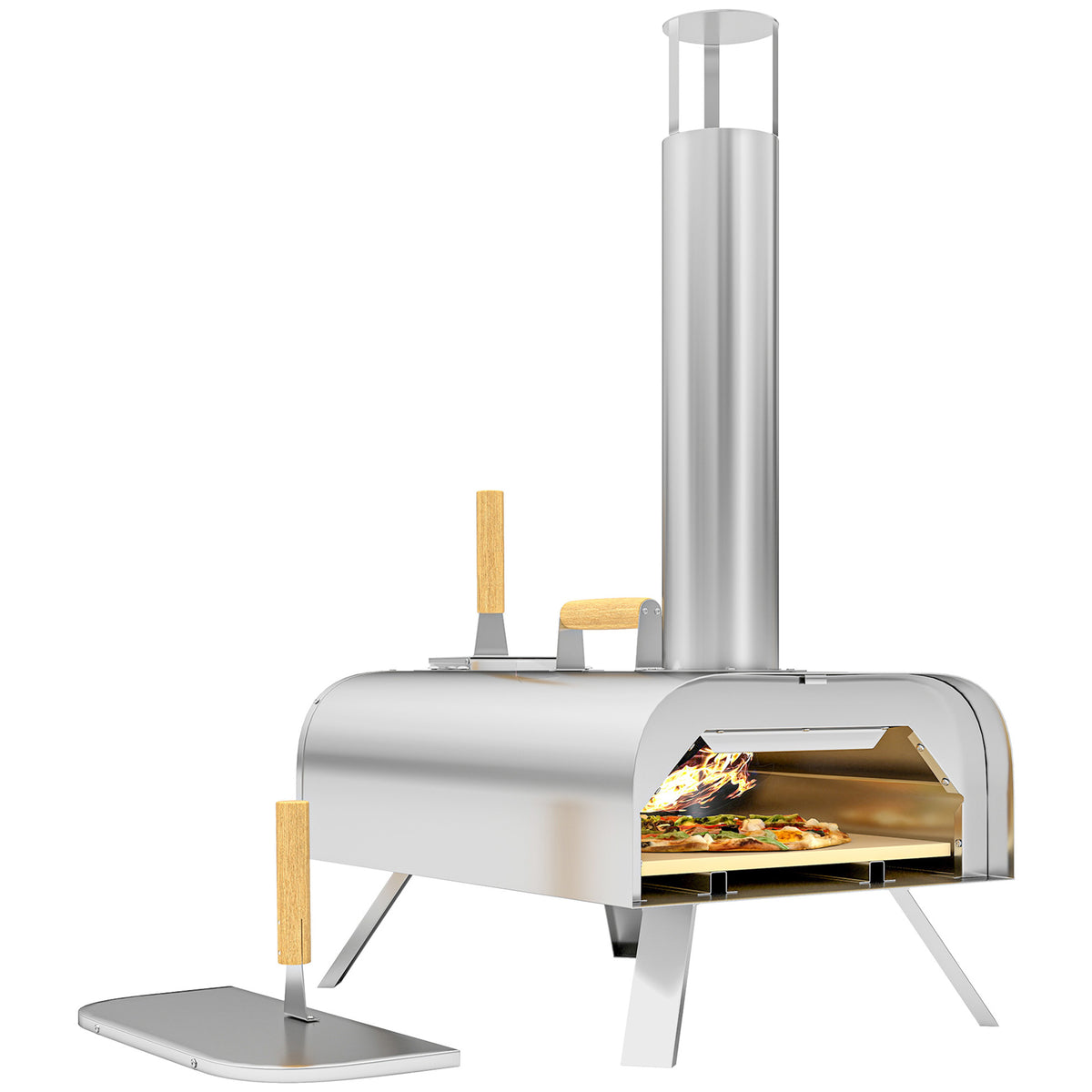 Four à pizza extérieur portable à bois ou à pellet avec pierre à pizza pieds pliables cheminée acier inoxydable argenté