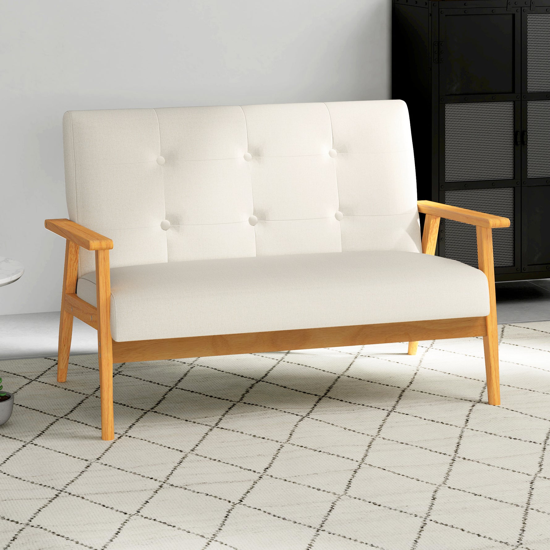 Canapé 2 places 115 cm canapé scandinave avec dossier capitonné, assise rembourrée et accoudoirs, beige