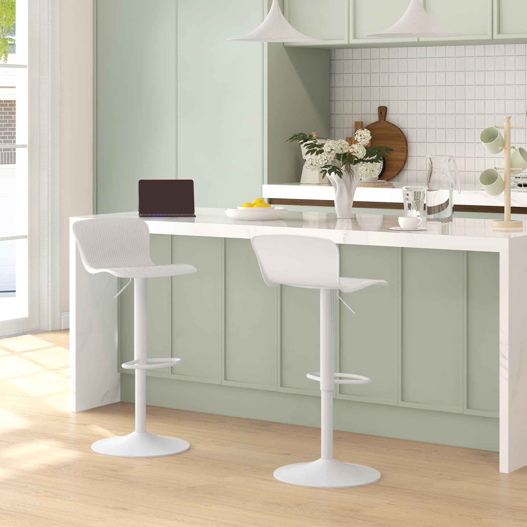 Lot de 2 tabourets de bar, chaises de bar réglable en hauteur, dossier et repose-pieds, 38,5x40x76,5-97,5cm, blanc