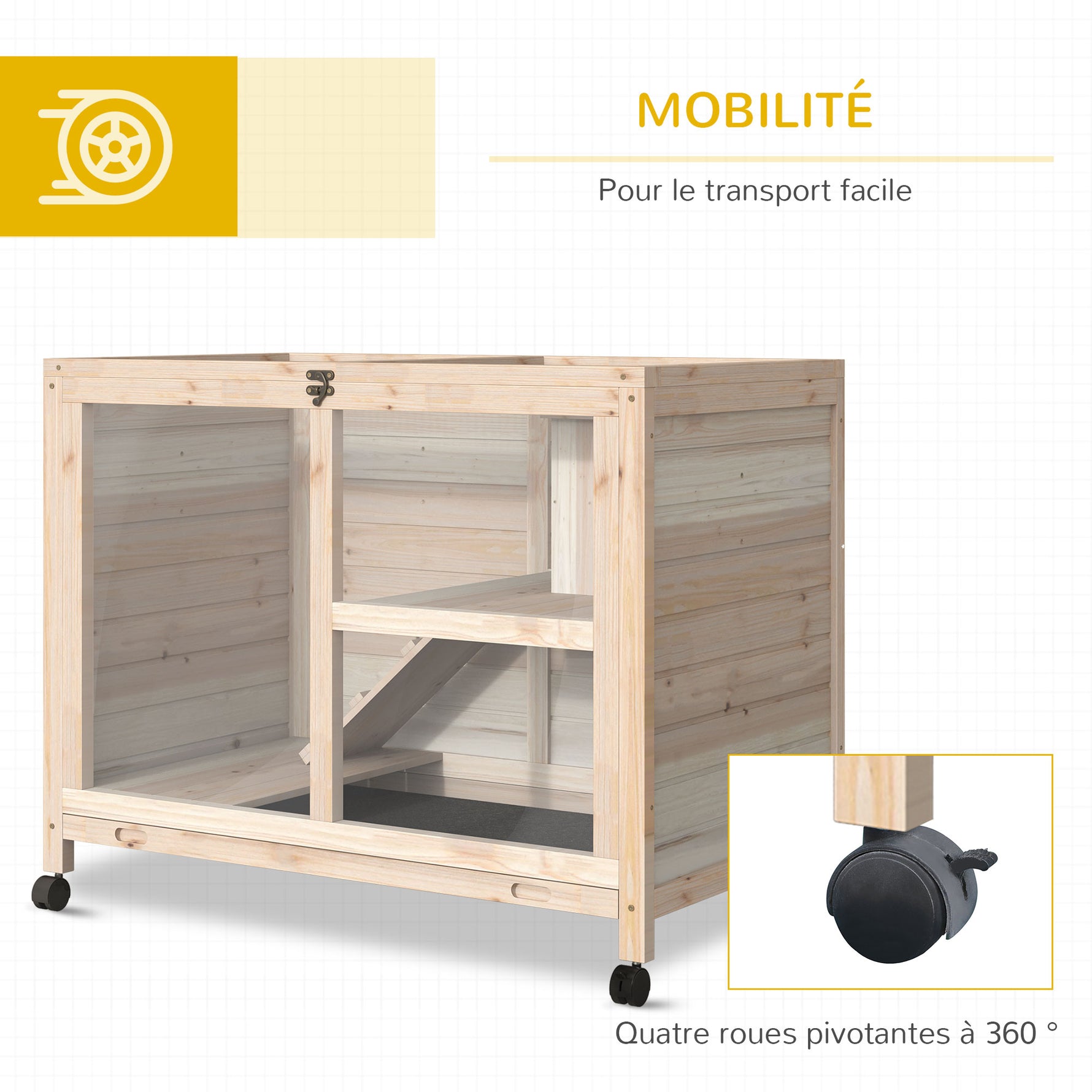 Cage à lapin clapier sur roulettes petit enclos animaux en bois massif 2 étages toit ouvrant plates-formes 91,5 x 53,3 x 73 cm bois naturel