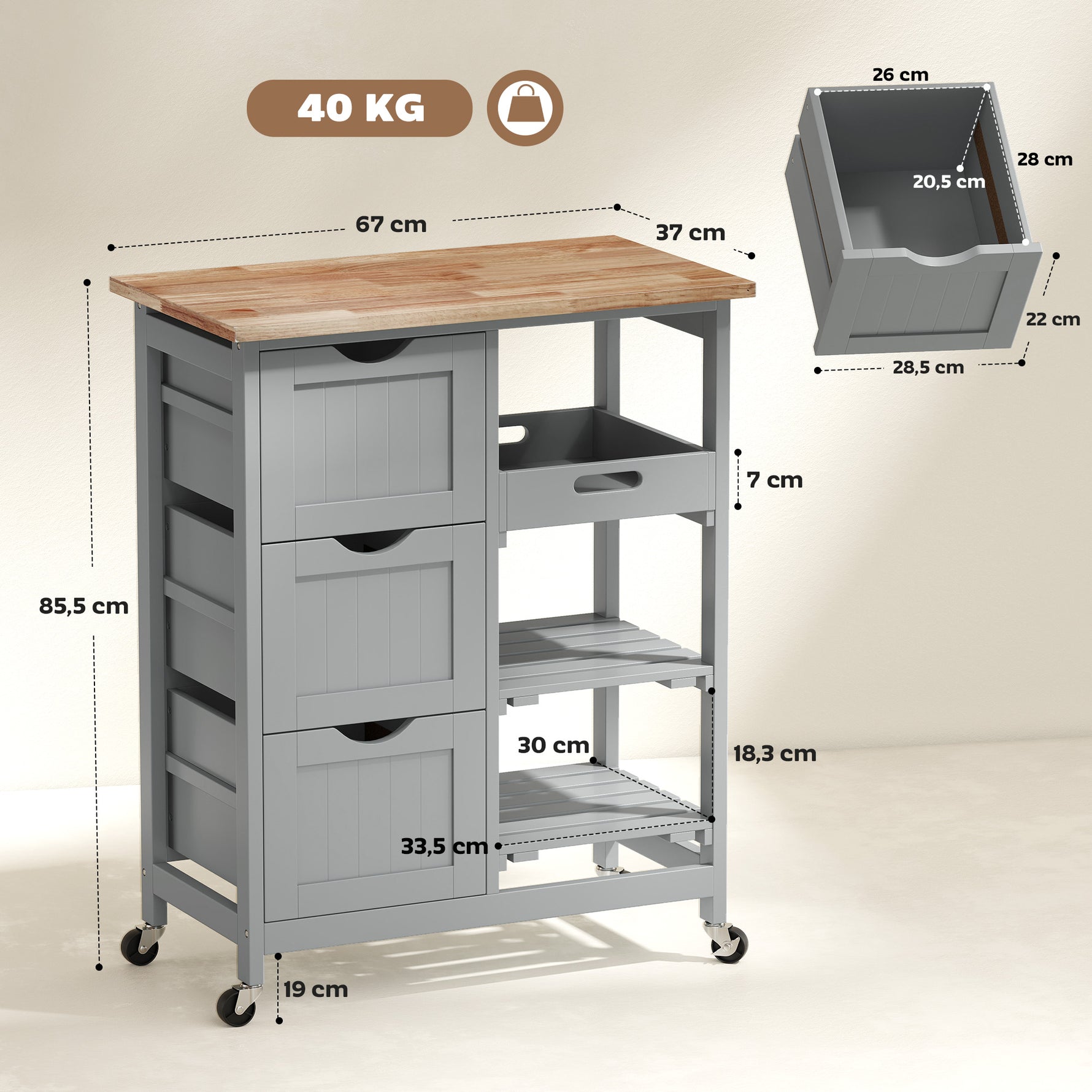 Chariot desserte de cuisine à roulettes plan de travail en bois 3 tiroirs et 1 plateau amovible 67 x 37 x 85,5 cm gris