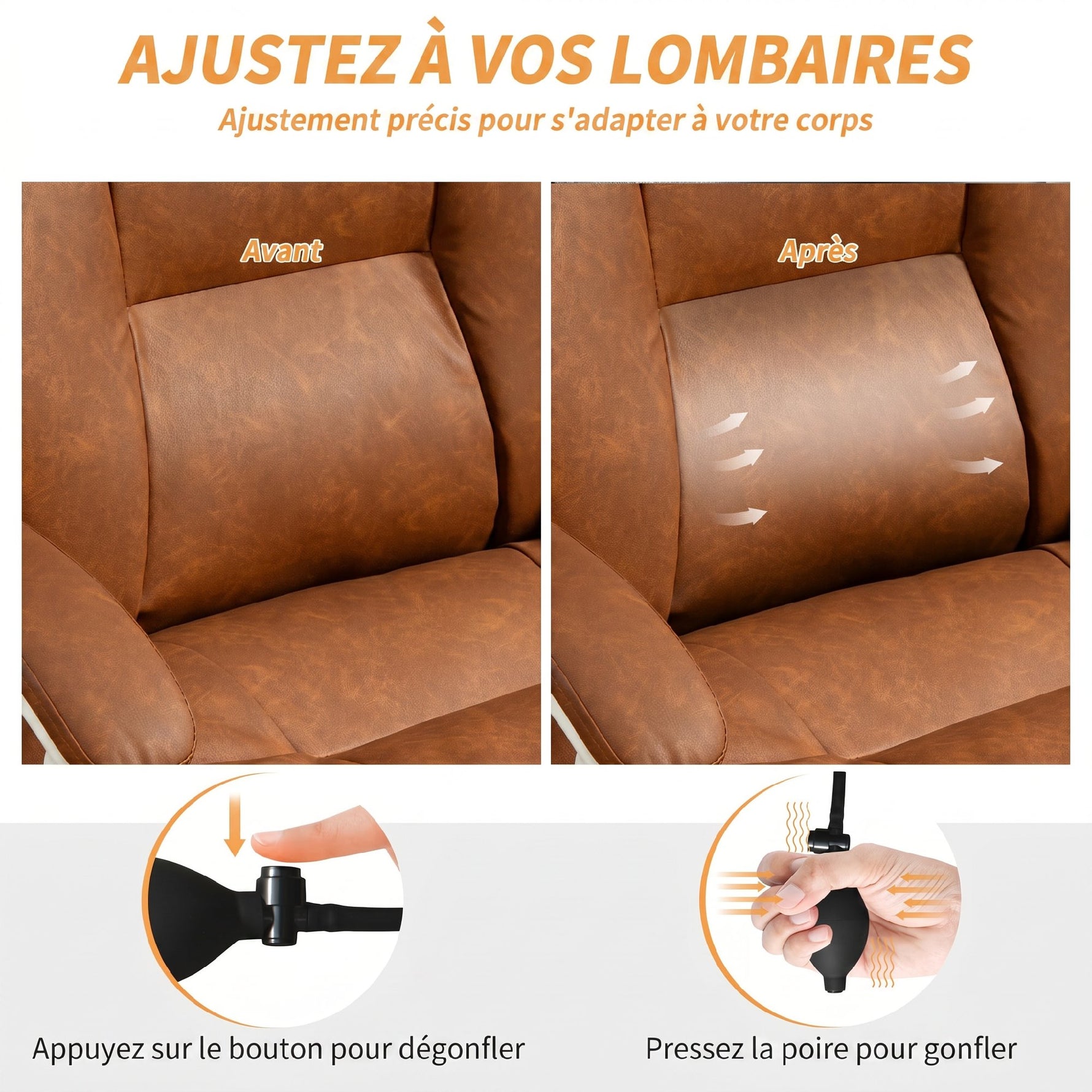 Chaise bureau ergonomique fauteuil de bureau en PU soutien lombaire gonflable dossier inclinable hauteur réglable marron