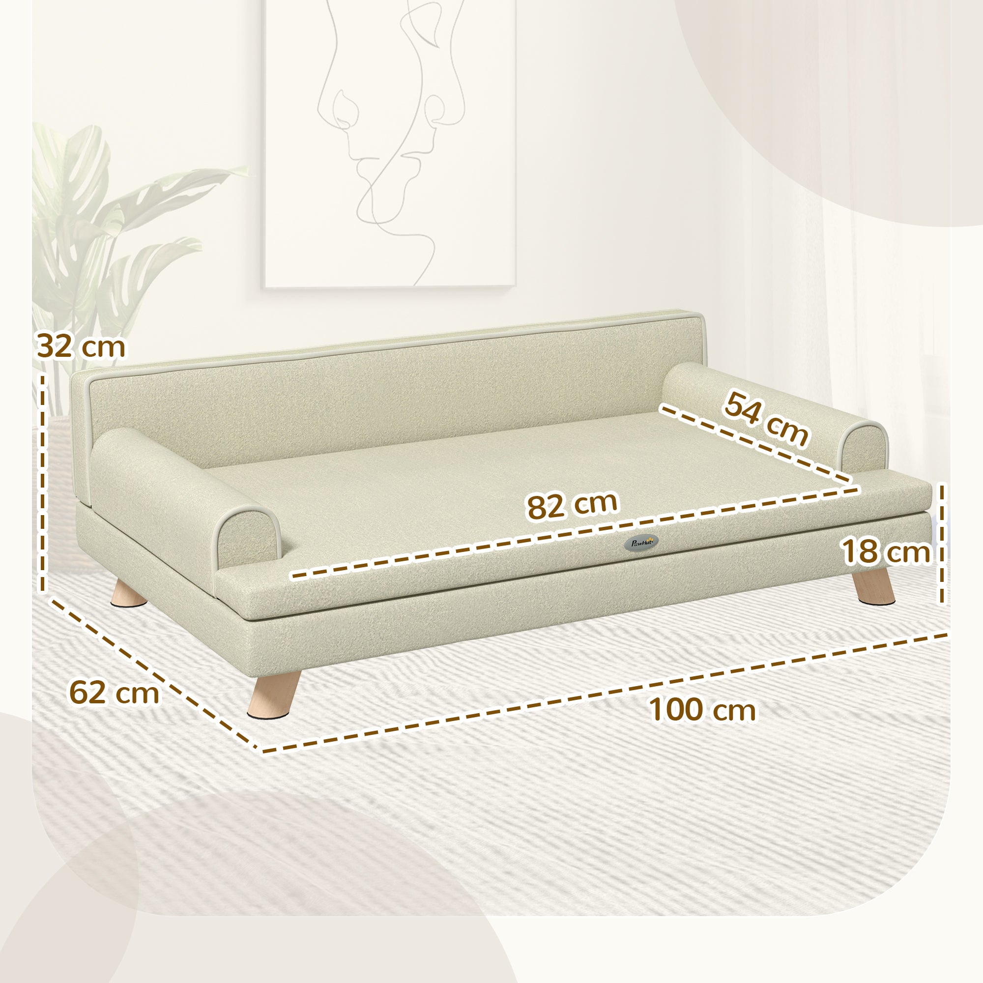 Scandinavian design dog and cat sofa, removable plush cushion, solid wood legs, 100 x 62 x 32 cm, beige