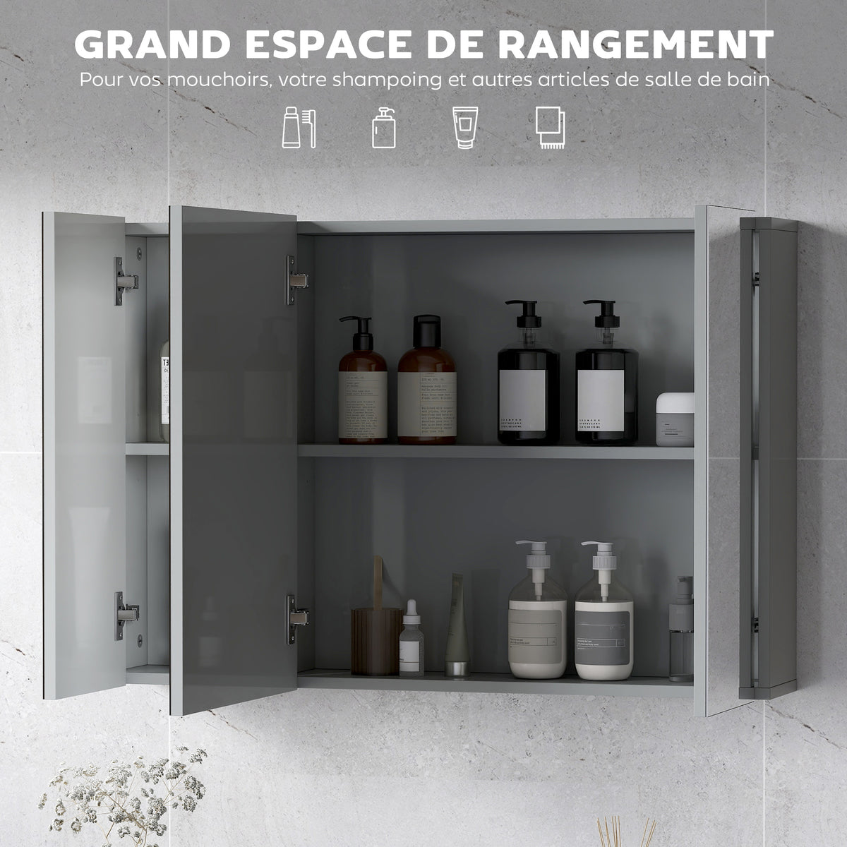 Armoire murale de salle de bain avec 3 portes miroir et étagères réglables en MDF Gris dim. 90L x 15l x 60H cm