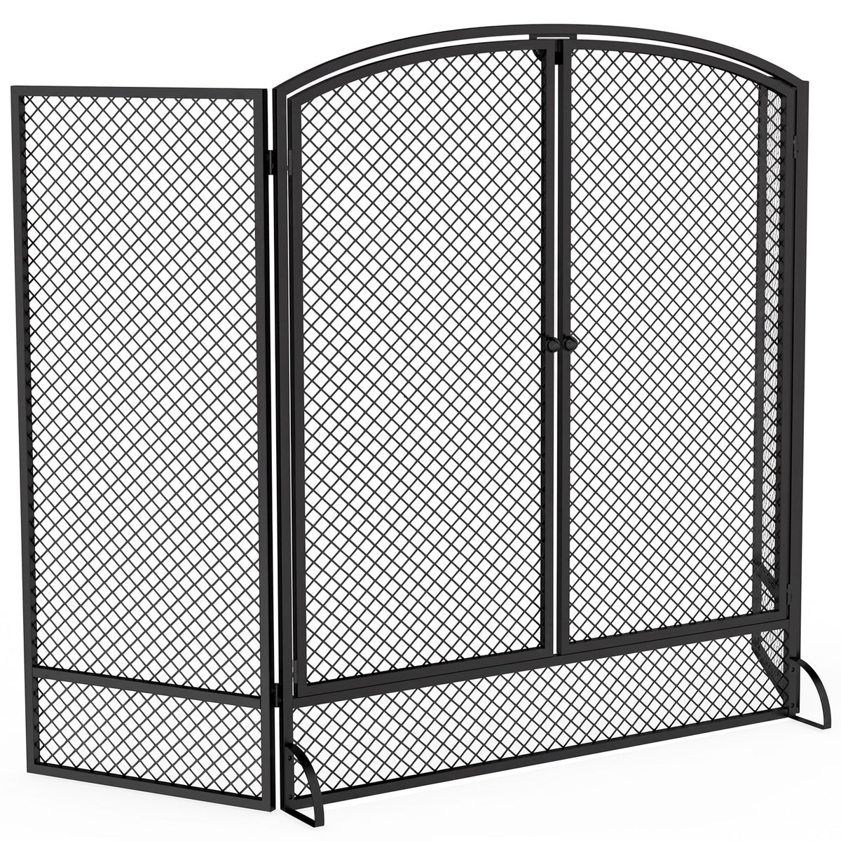Pare-feu de Cheminée Pliable 3 Panneaux, 2 Portes, Style Moderne, Pare-Étincelles Cheminée en Métal, 122x10x75cm, Noir