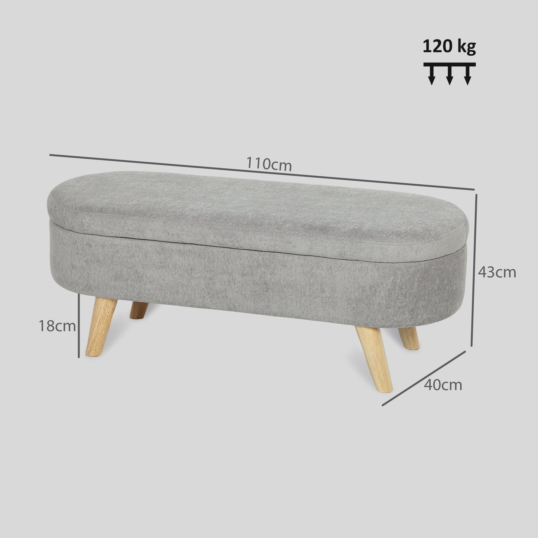 Banc banquette bout de lit coffre de rangement 2 en 1 en tissu avec pieds en bois 110l x 40P x 43H cm gris clair