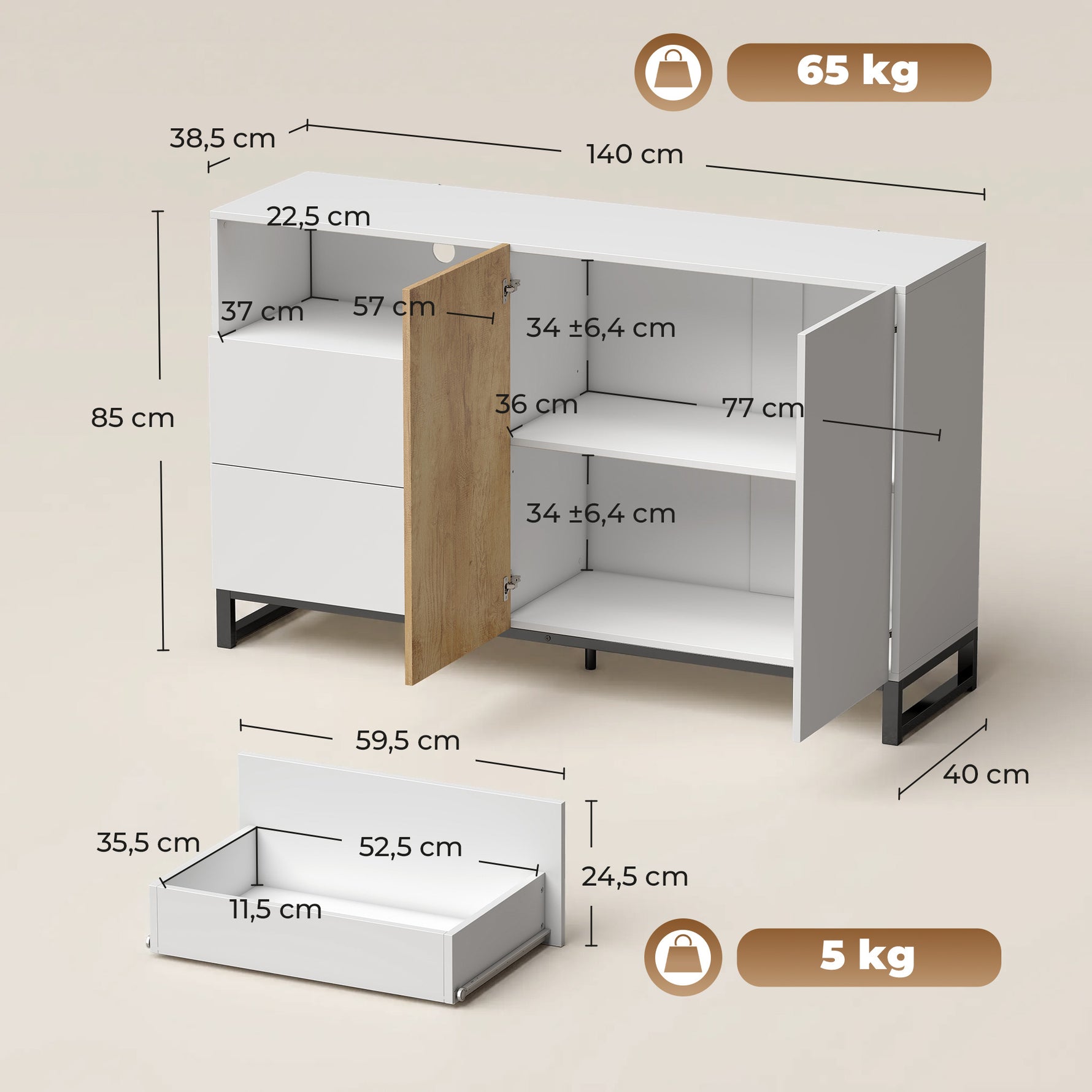 Buffet salon, meuble de rangement avec 2 portes à fermeture douce, 2 tiroirs et étagère réglable, blanc et chêne