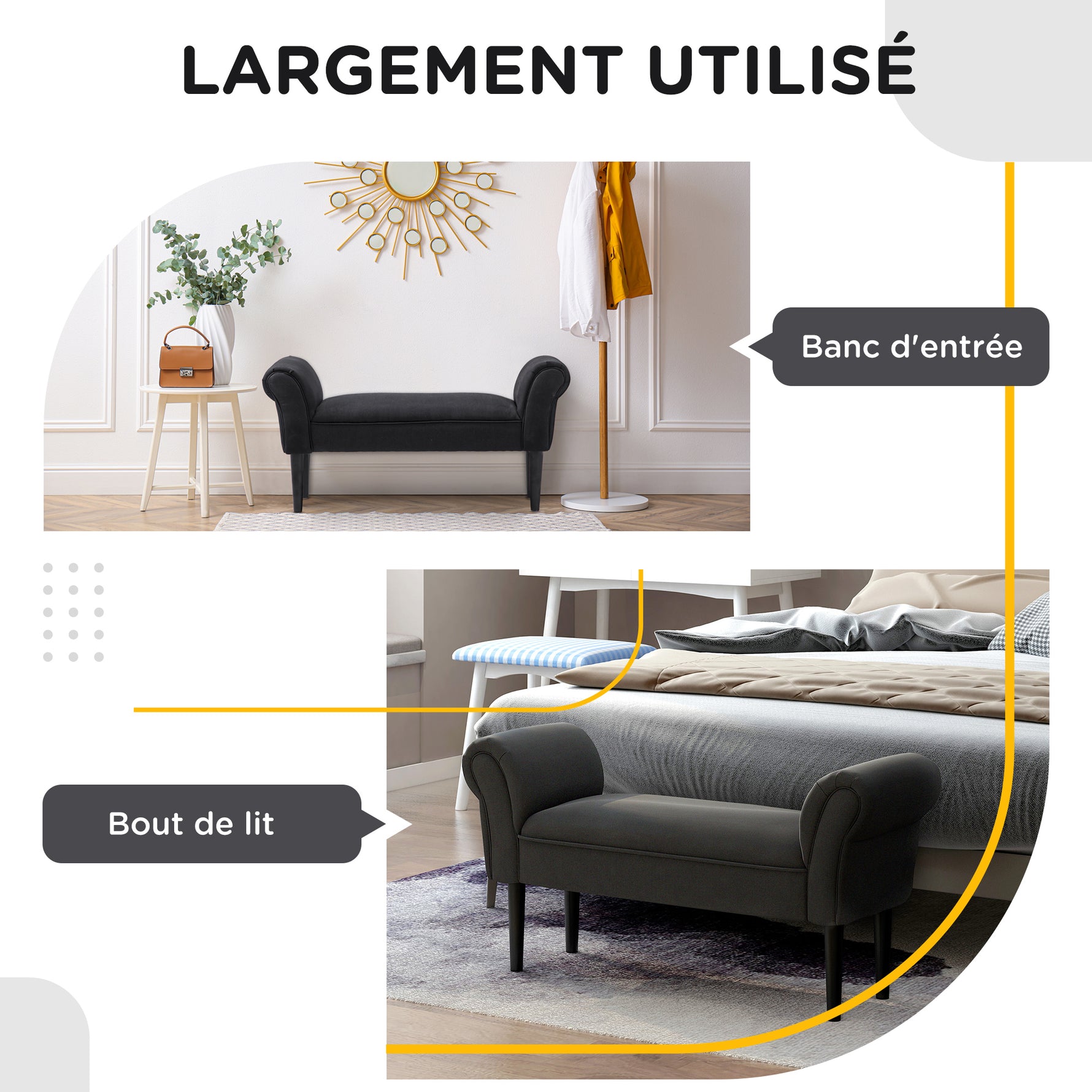 Banc Entrée Bout de Lit Rembourré pour Chambre à Coucher, Tissu à Voile, 102 x 36 x 51 cm, Noir