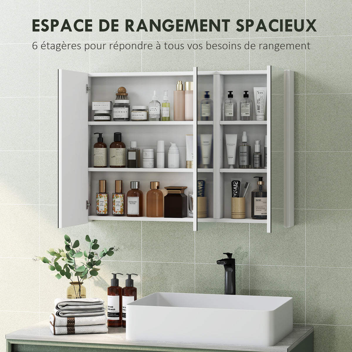 Armadietto a muro per bagno con specchio, mobiletto da bagno a 3 ante a specchio, ripiani regolabili, 91,5x11,5x65cm, bianco