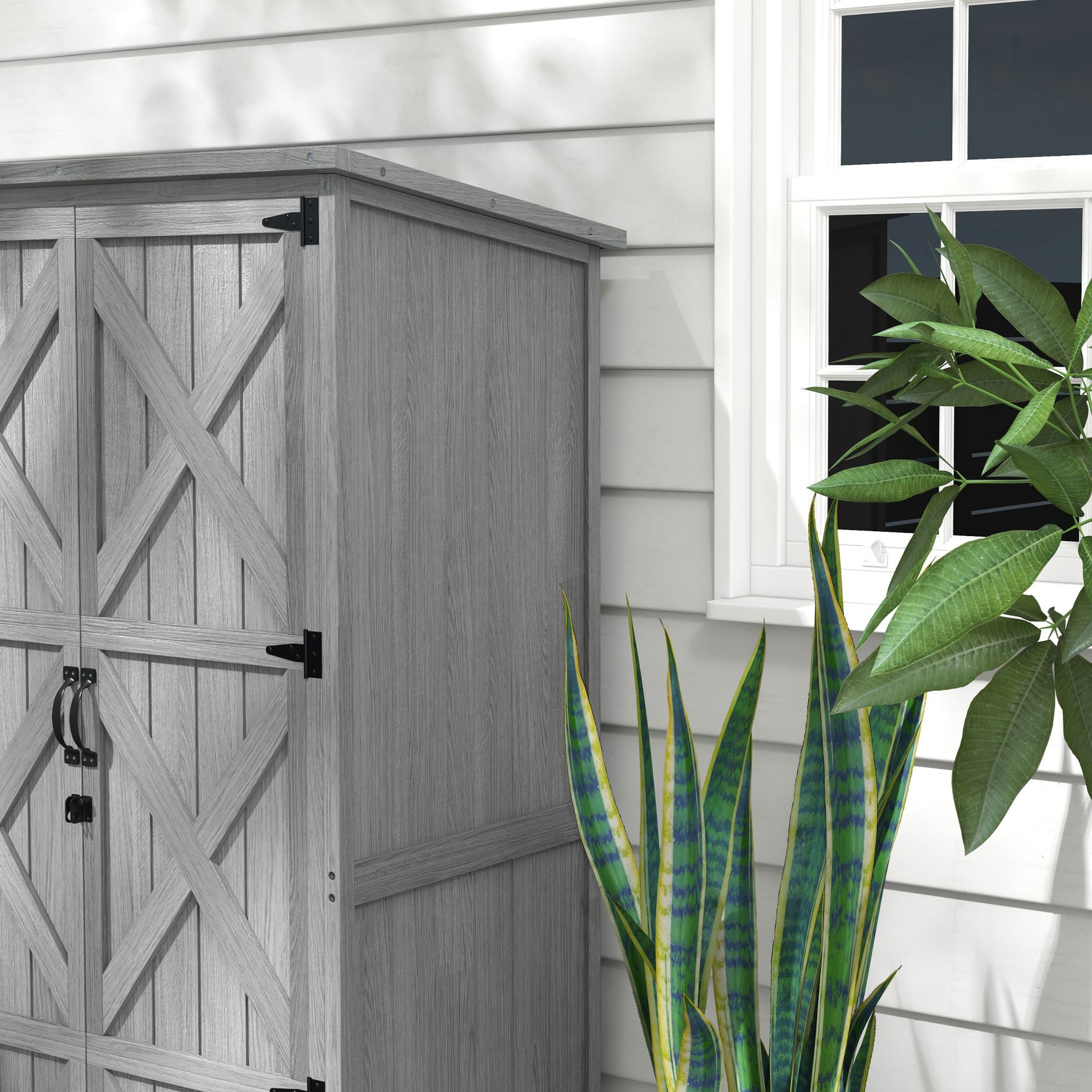 Armoire de jardin, abri jardin sur pied, avec 2 étagères, toit incliné et bitumé, en bois massif, 90x54,5x168,5cm, gris