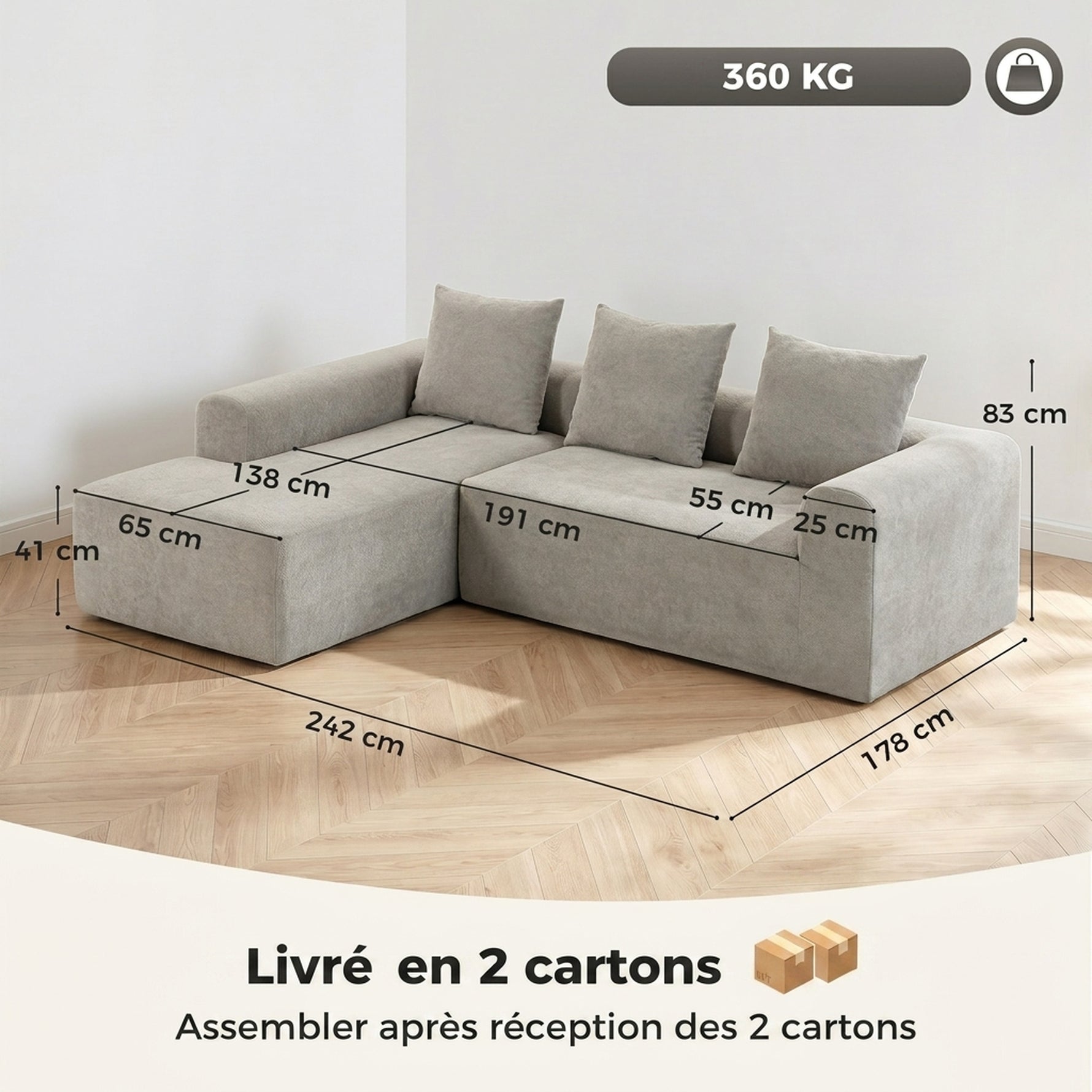 Canapé d'Angle en Chenille, Canapé 3 Places en L 242 cm avec Méridienne, Assise Profonde, Accoudoirs Larges, Gris Clair