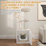 Arbre à chat avec maison de toilettes, tour de jeu 2-en-1 de 129 cm avec cache-litière, poteaux à griffer, crème