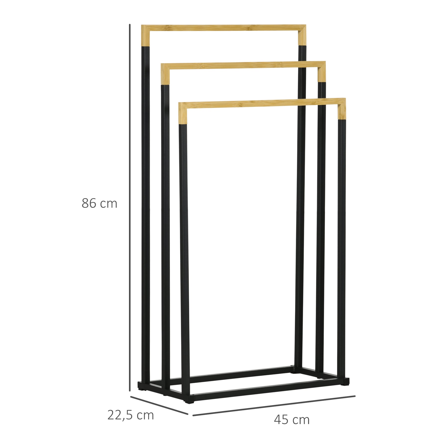 Porte-serviettes en bambou et acier sur pieds avec 3 barres support pour serviette 45 x 22,5 x 86 cm noir et naturel