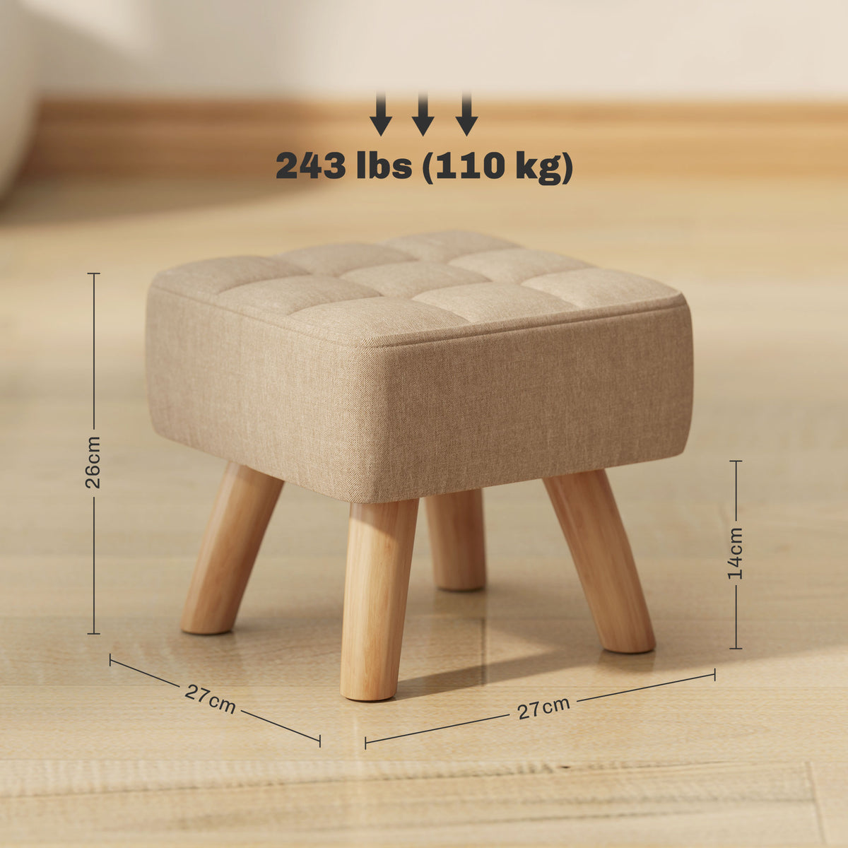 Repose pied salon ottoman siège rembourré en tissu avec pieds en bois 27 x 27 x 26 cm marron clair