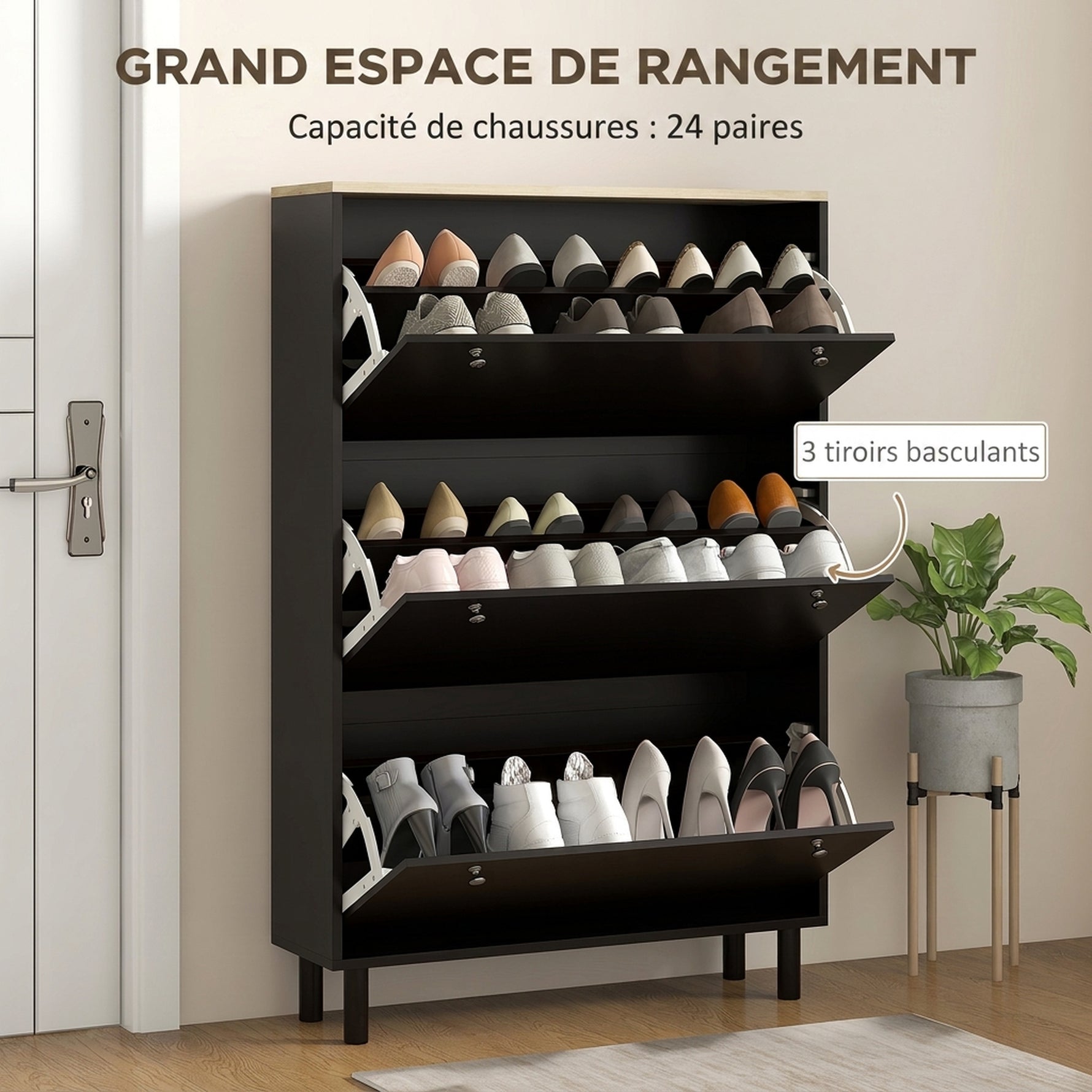 Meuble à Chaussures 24 Paires, Armoire à Chaussures Étroite avec 3 Tiroirs Rabattables, Étagères Réglables, Noir