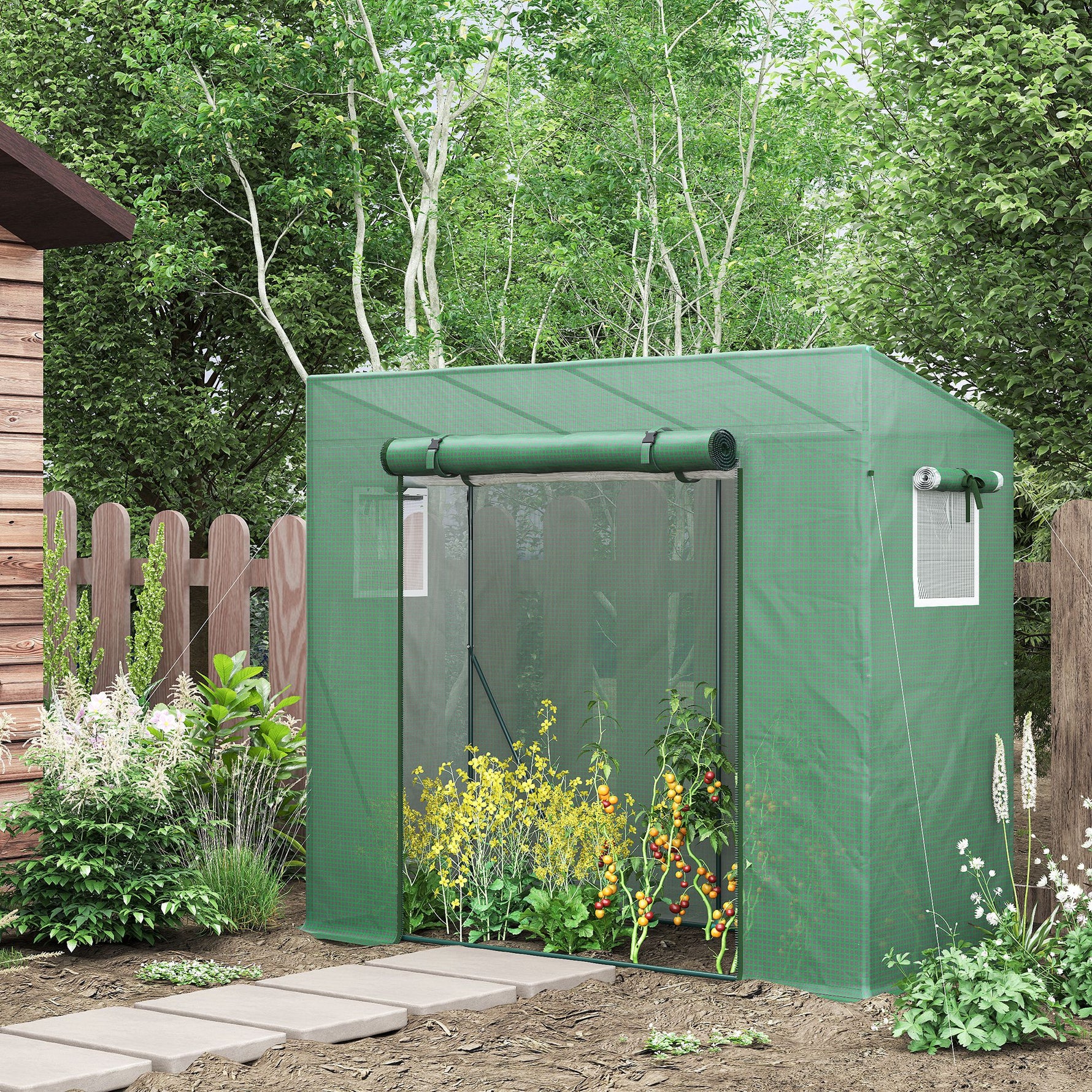 Serre de Jardin Anti-UV 2 fenêtres moustiquaires + Barres renforcement 200L x 77l x 169H cm Acier PE Vert