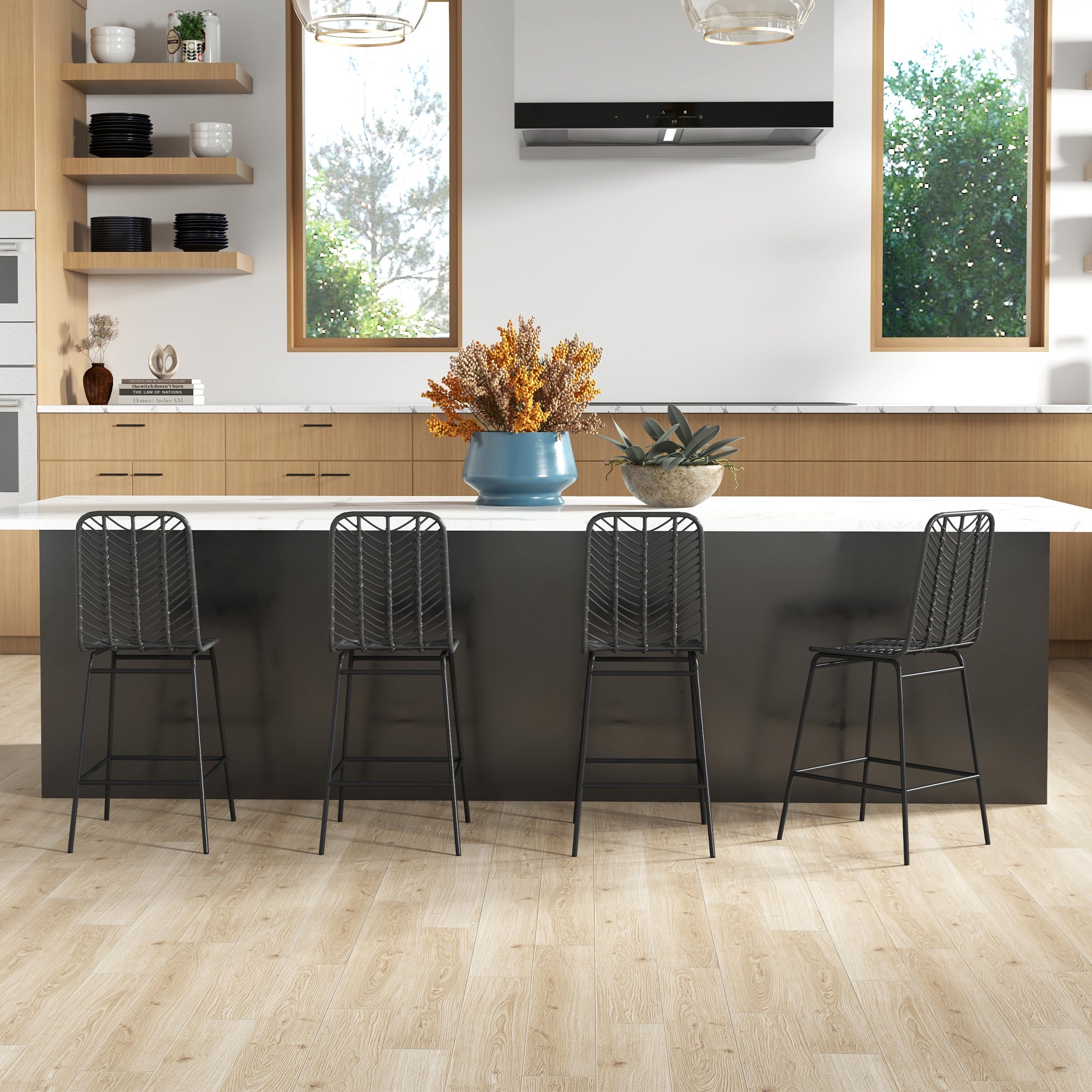 4er-Set Barhocker im Boho-Design, Höhe 66 cm, mit Fußstütze aus Metall und PE-Rattan - schwarz