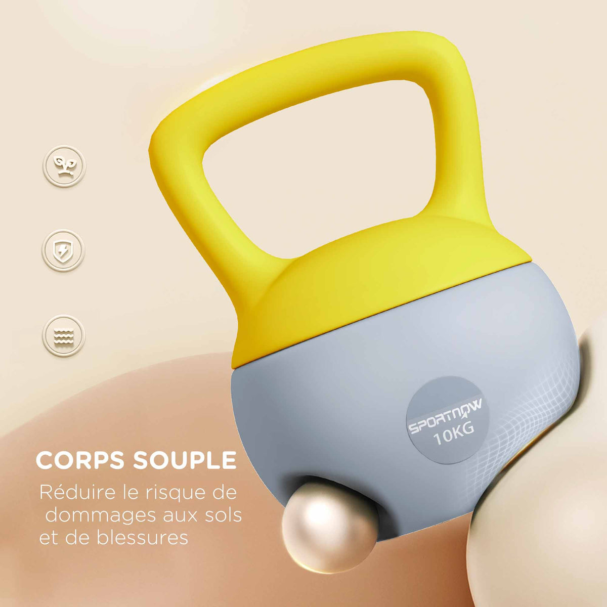 Kettlebell 10kg haltère avec poignée antidérapante pour fitness musculation cardio, gris et jaune