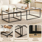 Lot de 2 tables basses gigognes, table de salon avec plateau en verre trempé et structure en métal, noir
