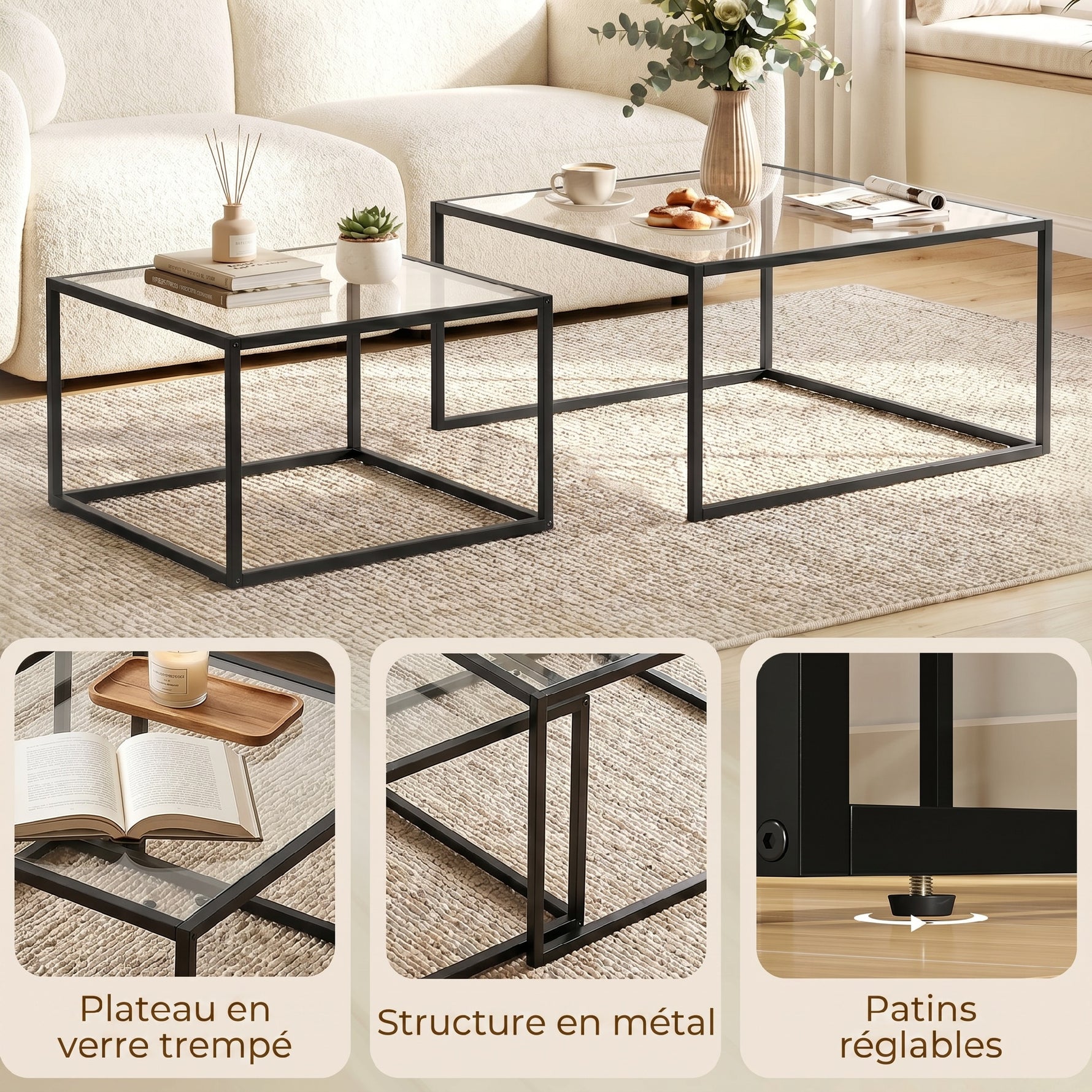 Lot de 2 tables basses gigognes, table de salon avec plateau en verre trempé et structure en métal, noir