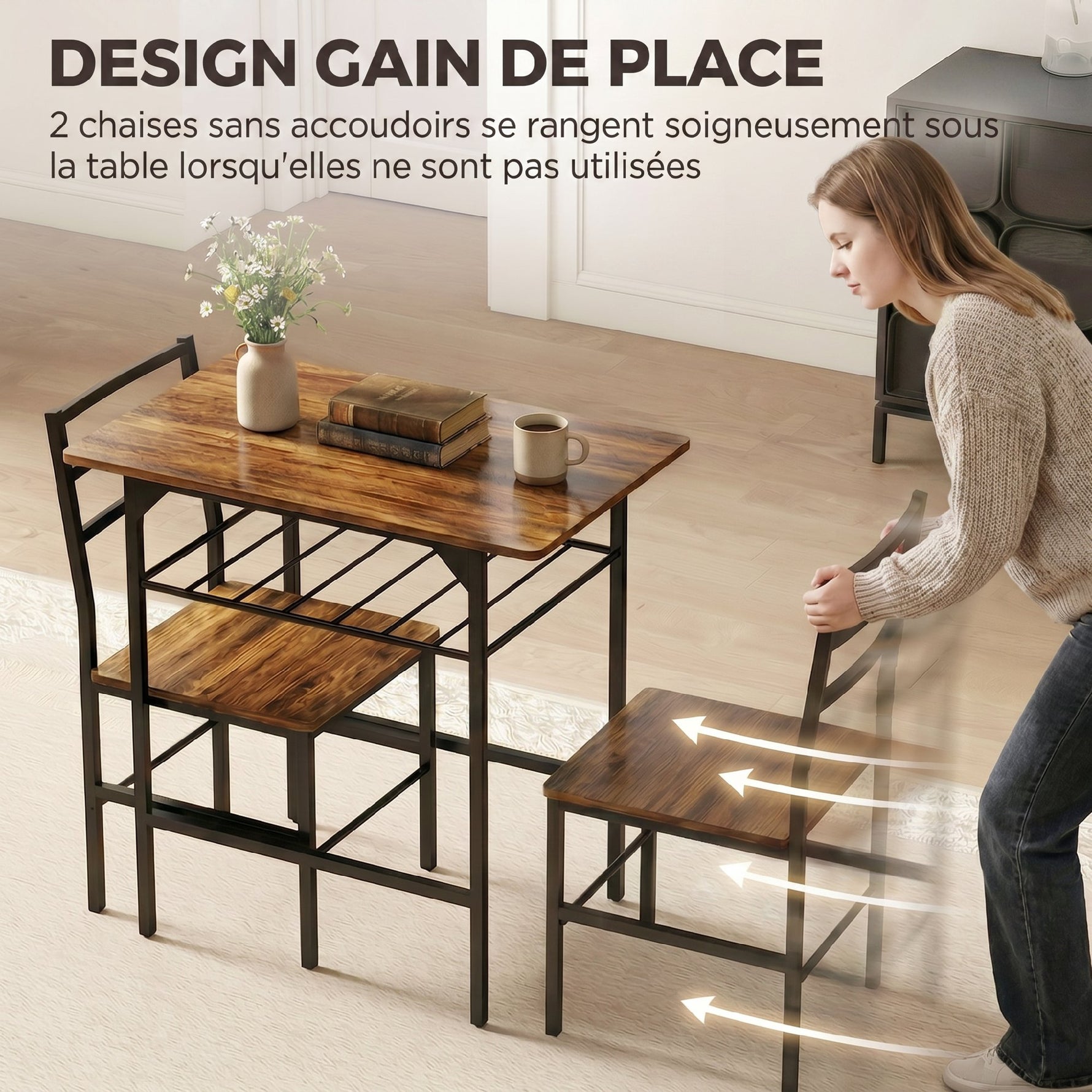 Ensemble table salle à manger avec 2 chaises, table de cuisine avec chaises pour 2 personnes, cadre en métal, marron