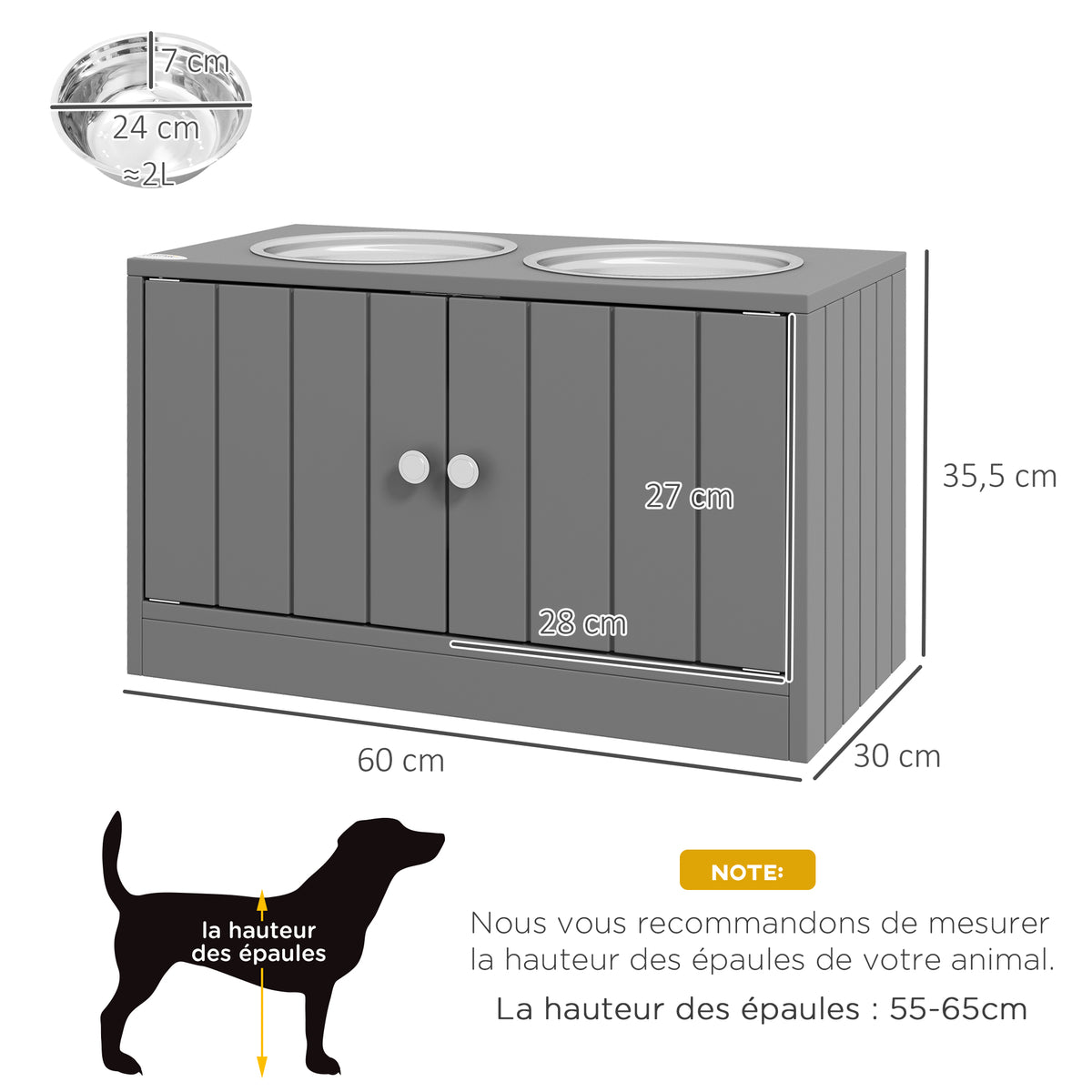 Gamelles Chiens Surélevées Gamelle Double Chien Chat Porte-Gamelles 2L Acier Inox 60 x 30 x 35,5 cm Gris