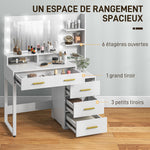 Coiffeuse avec miroir et 9 lumières LED, 4 tiroirs et 6 compartiments ouverts, 100 x 40 x 138 cm, blanc