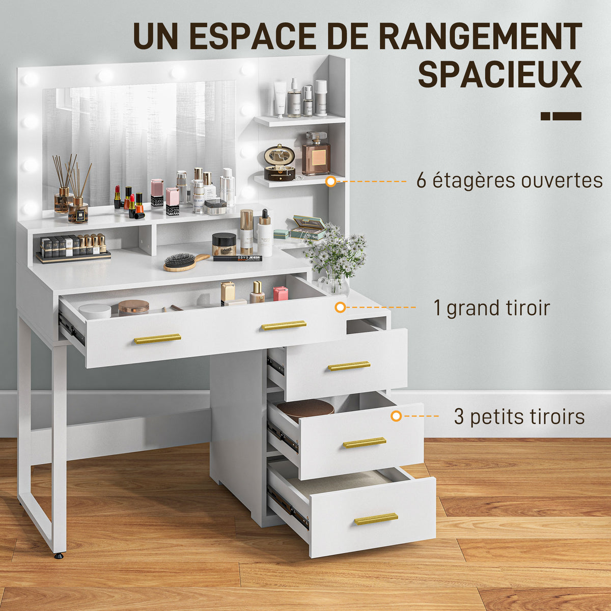 Coiffeuse avec miroir et 9 lumières LED, 4 tiroirs et 6 compartiments ouverts, 100 x 40 x 138 cm, blanc