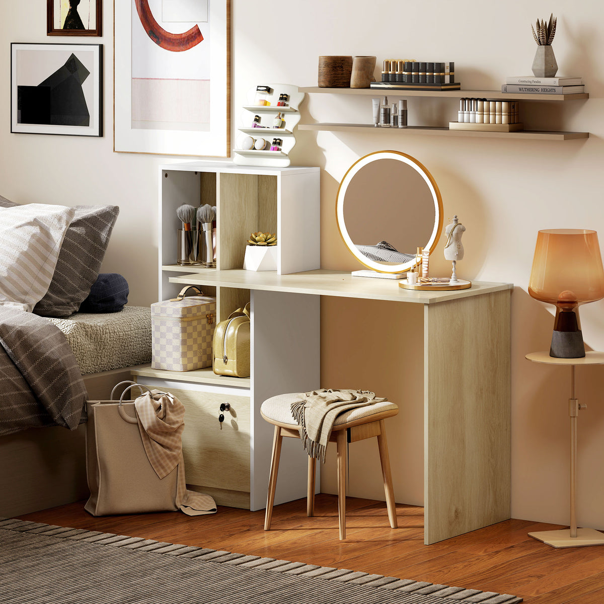 Bureau d'ordinateur avec bibliothèque 4 compartiments et tiroir verrouillable, 126 x 50 x 109 cm, chêne et blanc