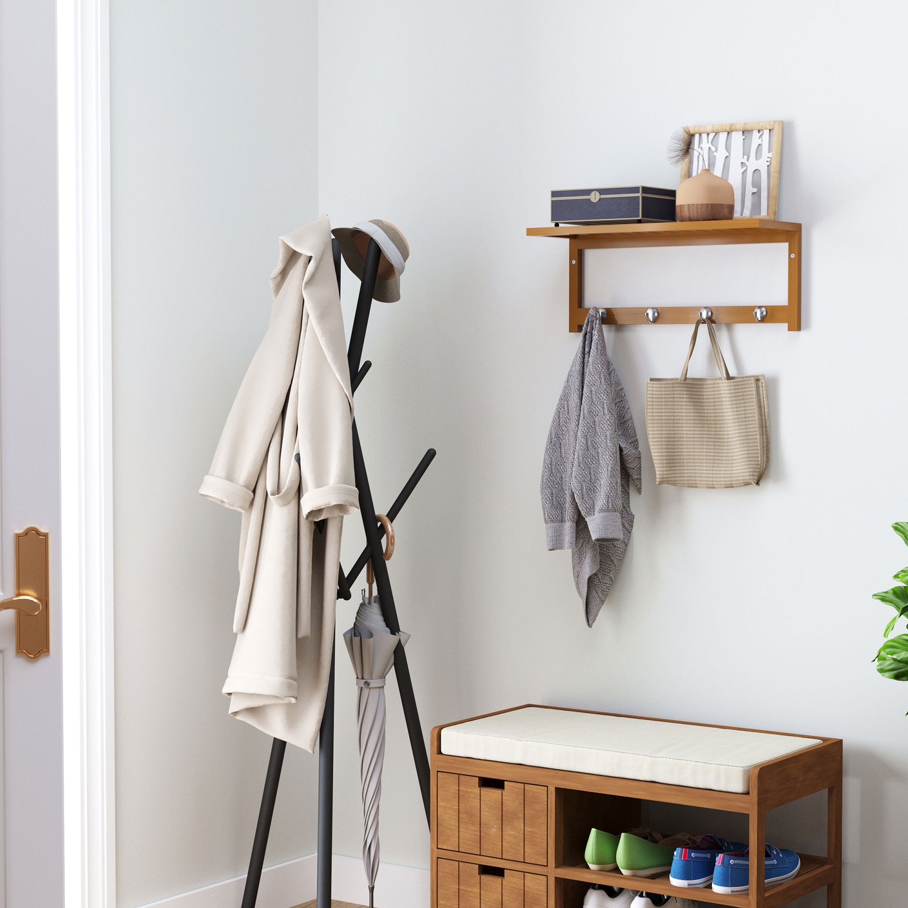 Porte-manteau mural penderie murale étagère 50L x 16l x 17,5H cm 4 patères kit fixation fourni bambou naturel