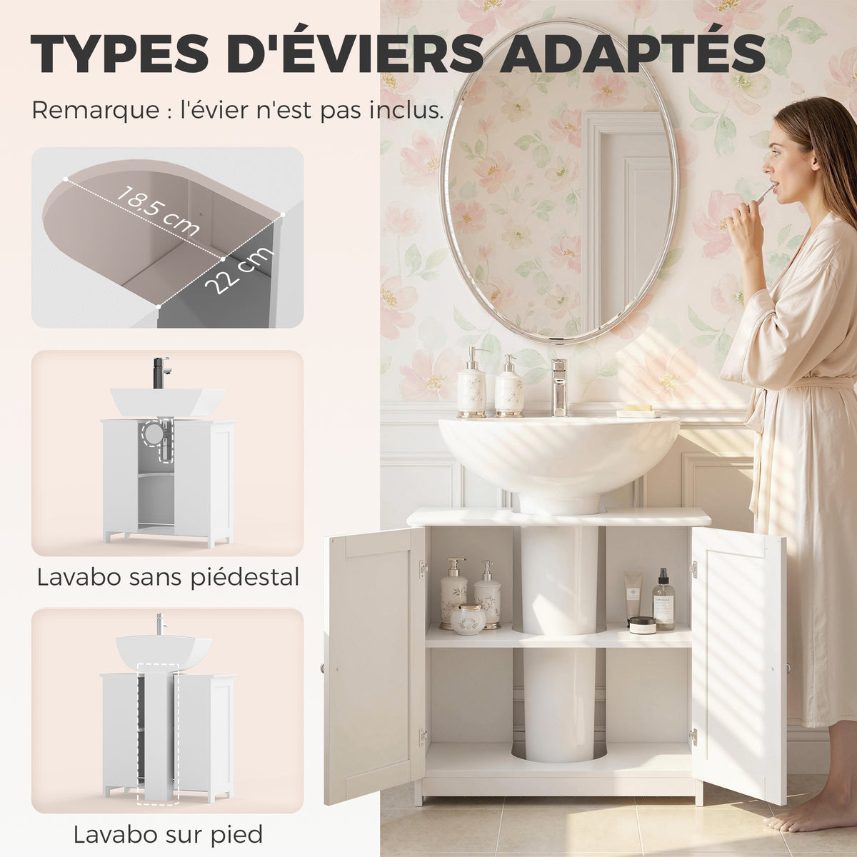 Meuble salle de bain sous lavabo - meuble sous-vasque - placard 2 portes avec étagère - dim. 60L x 30l x 60H cm - en bois blanc