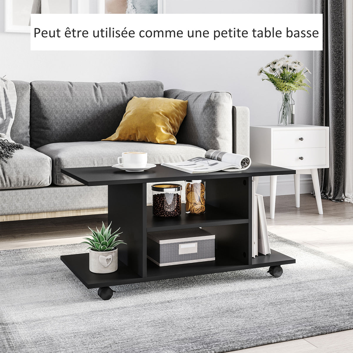 Meuble TV avec Roulettes 80 cm, Meuble Télé pour Téléviseur jusqu'à 42 Pouces avec Étagères Ouvertes, Style Moderne, Banc TV pour Salon, Chambre, Noir