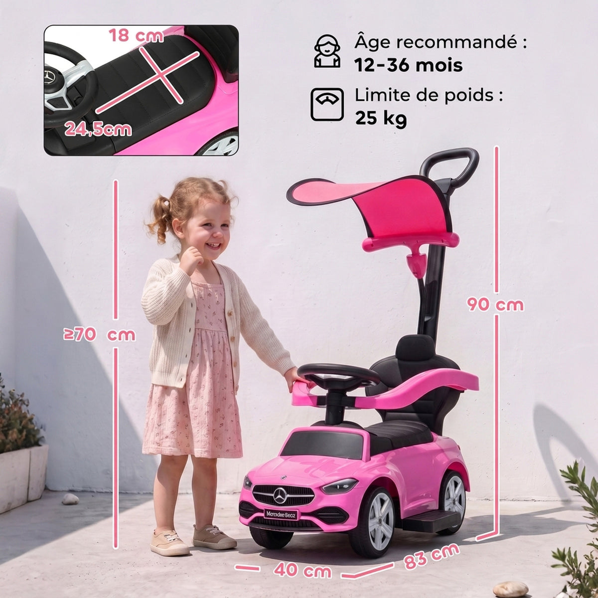 Porteur Enfants 3 en 1 Mercedes-Benz sous Licence, Garde-Corps, Espace de Rangement, Klaxon, 83x40x90cm, Rose