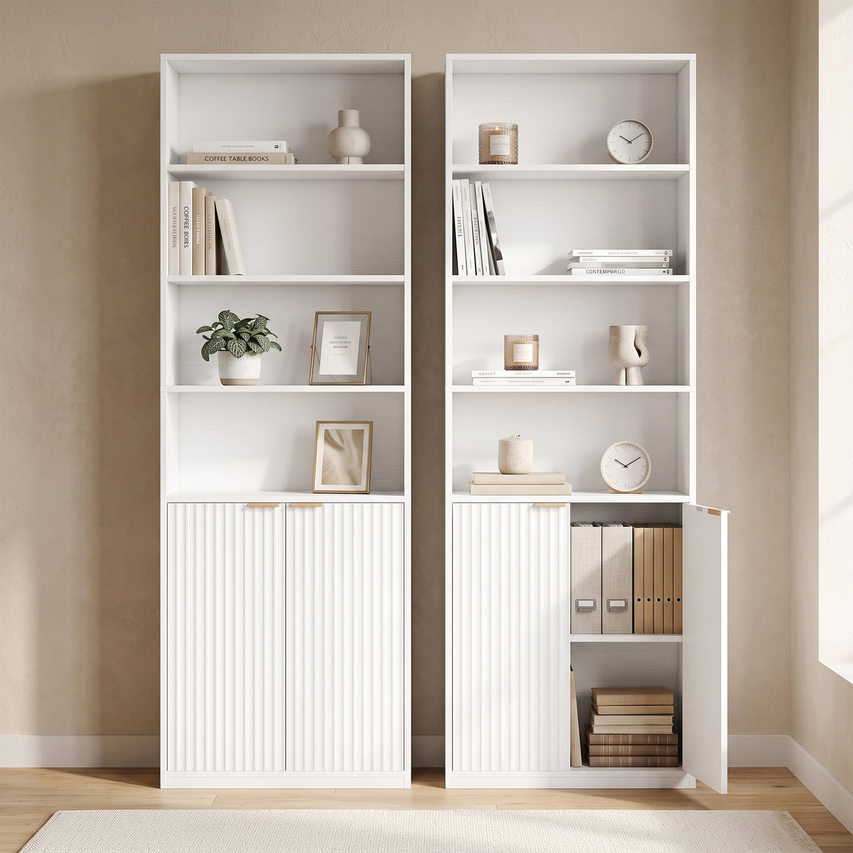 6-Tier Bookcase, Storage Unit, 60 x 24 x 182 cm with 4 Open Compartments and 2 Doors, White