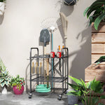 Organisateur d'outils de jardin, support à outils de jardin 40 compartiments à 2 niveaux avec roues 57 x 48 x 70 cm noir