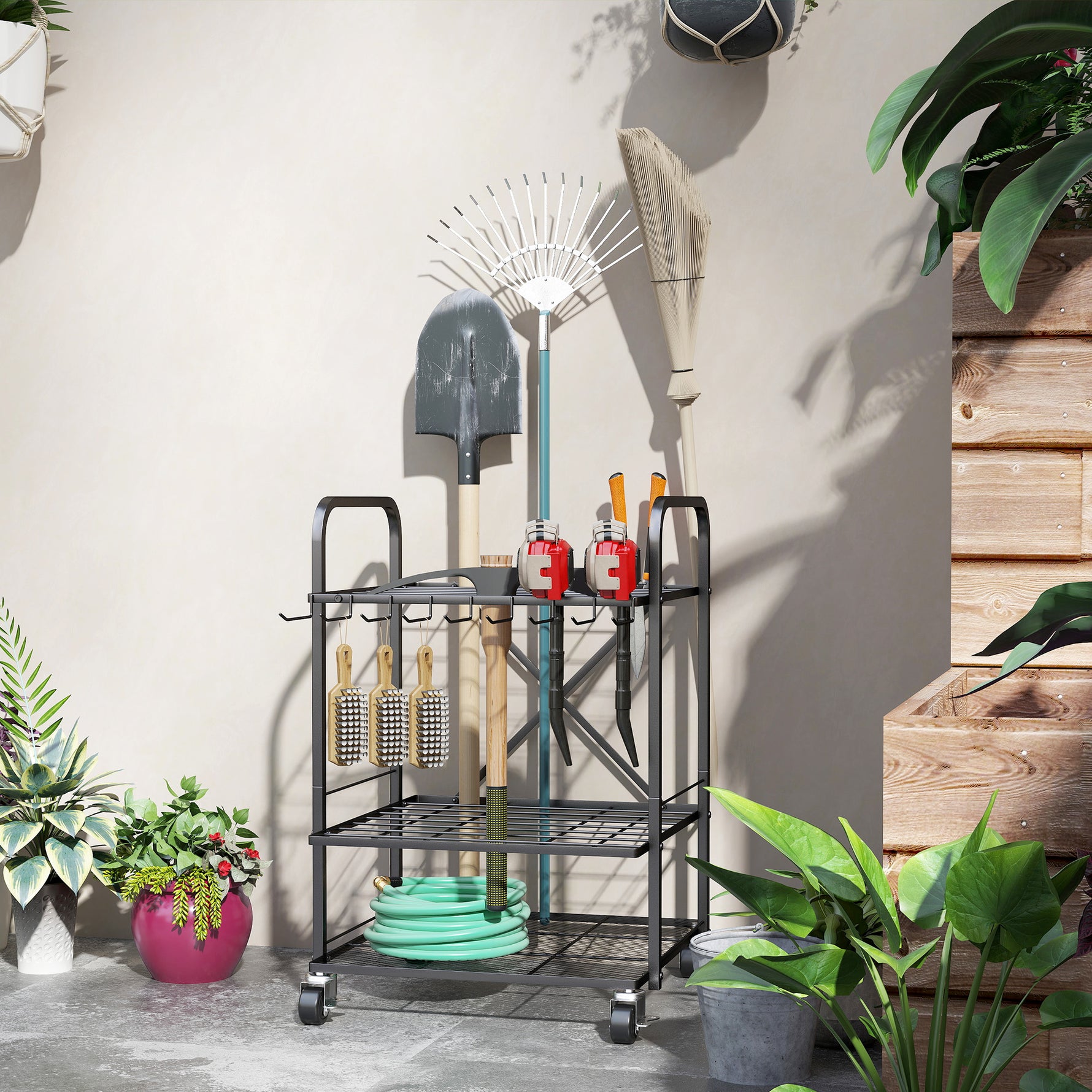 Organisateur d'outils de jardin, support à outils de jardin 40 compartiments à 2 niveaux avec roues 57 x 48 x 70 cm noir