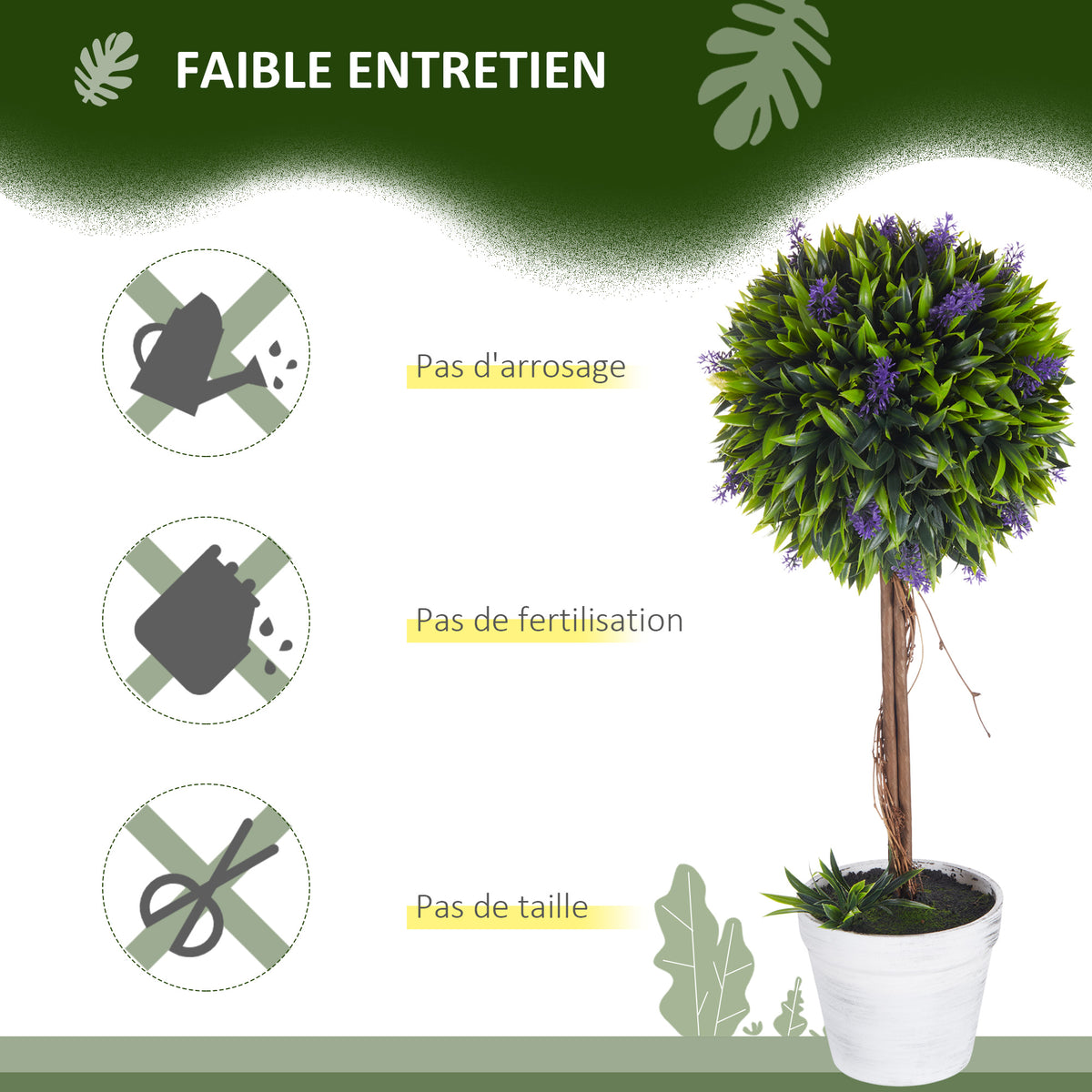 Lot de 2 plantes Artificielles avec fleurs de lavande, tronc et pot inclus - hauteur 60 cm vert