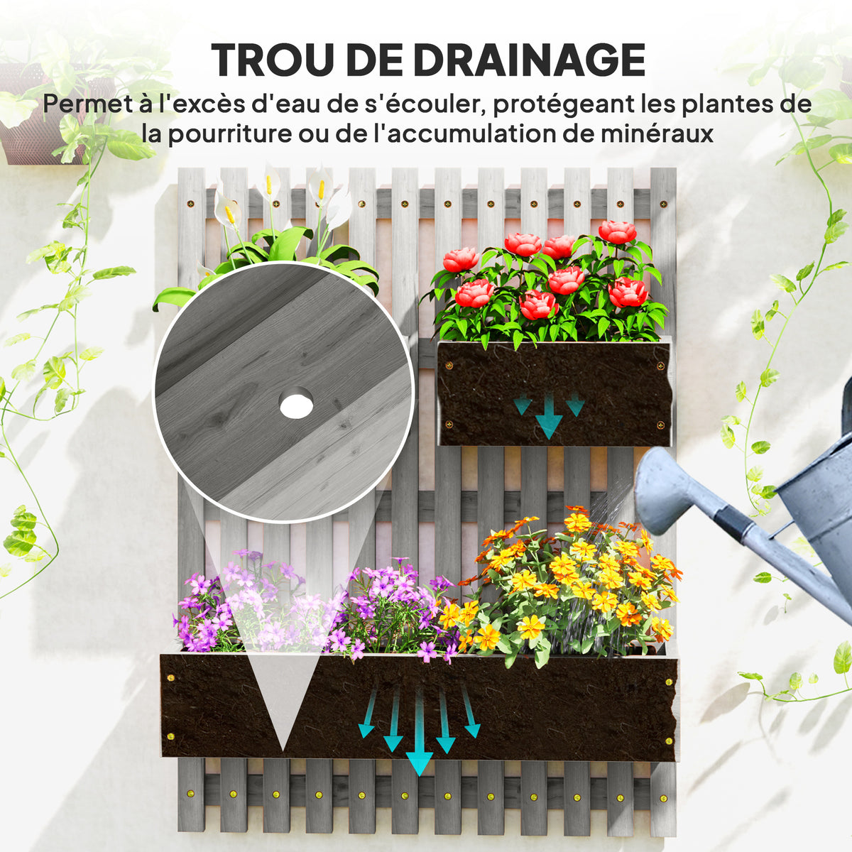 Jardinière murale potager avec 3 bacs en bois massif amovibles, tissu non tissé, 60 x 16 x 80 cm gris-6