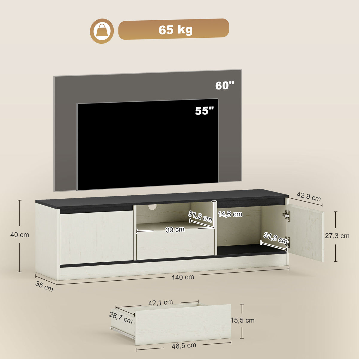 Meuble TV pour Télévision jusqu'à 60" avec 2 Armoires, 1 Étagère Ouverte, 1 Tiroir, Moderne, 140x35x40cm, Noir et Blanc