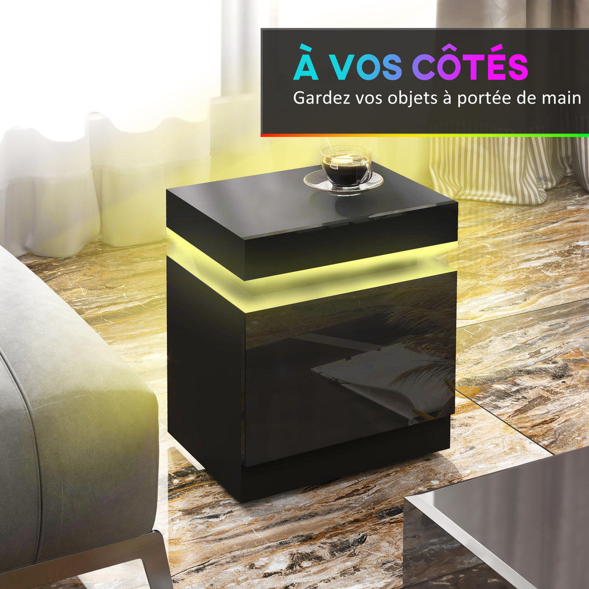 Comodino tavolino da notte con luce LED RGB, pannello lucido con 2 cassetti per soggiorno camera da letto nero