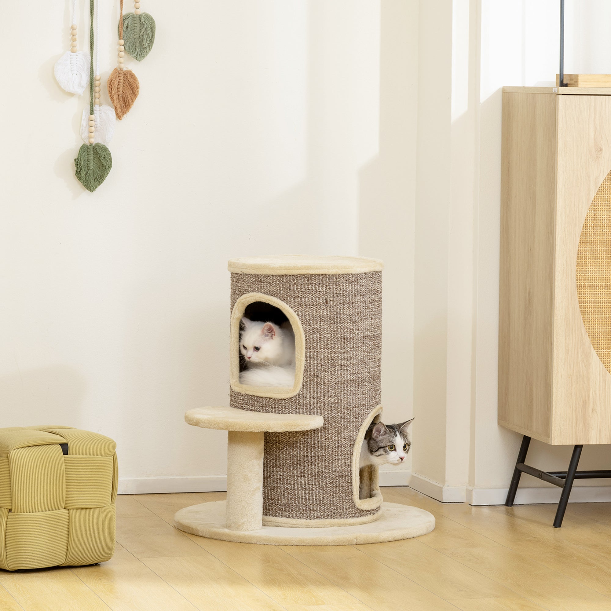 Tonneau à gratter tour à griffer pour chat 2 niveaux avec plate-forme parfait pour griffes & jeu 60 x 60 x 61 cm beige