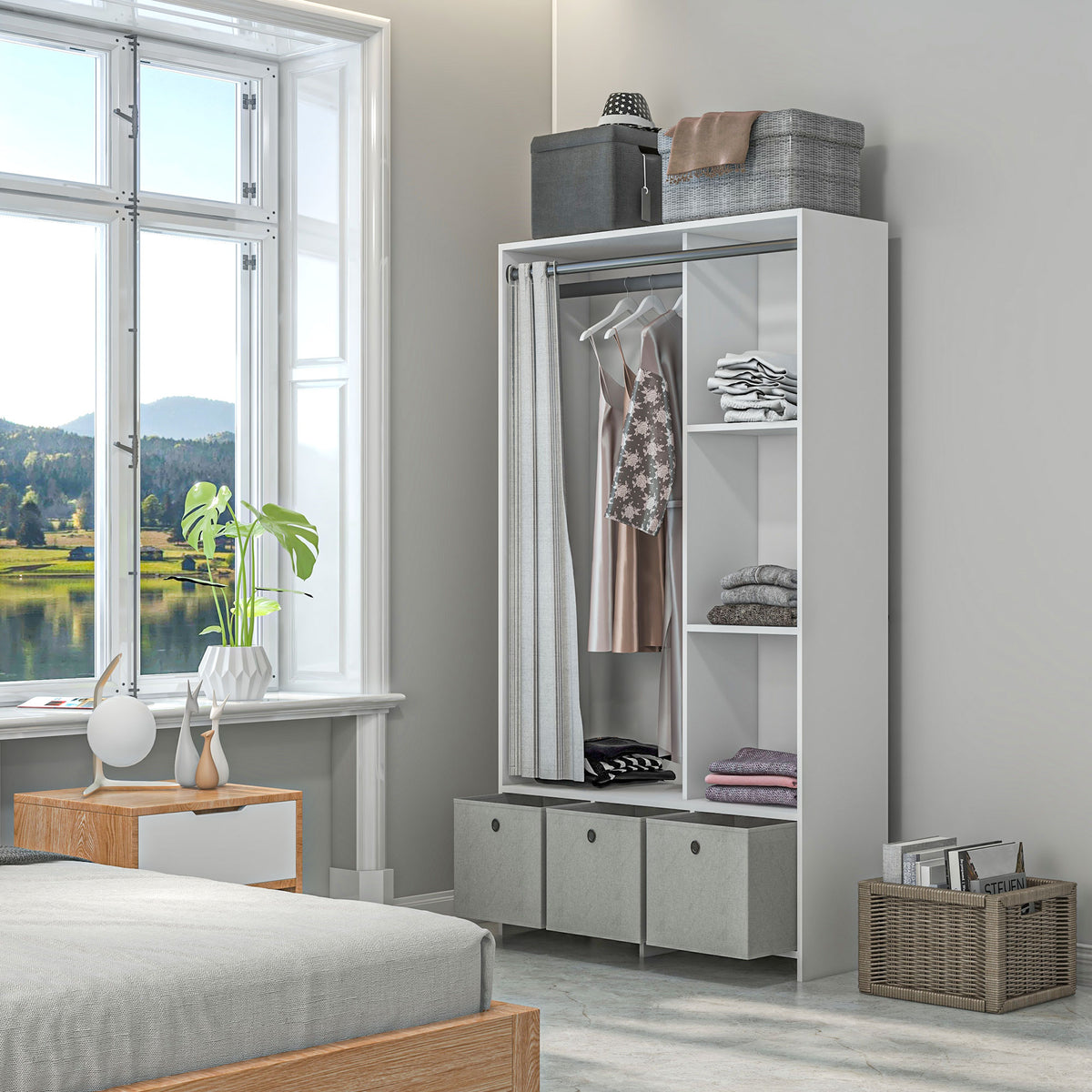 Armadio guardaroba armadio contenitore con asta appendiabiti, tende e 3 cassetti in tessuto rimovibili, 105 x 48 x 160 cm, bianco