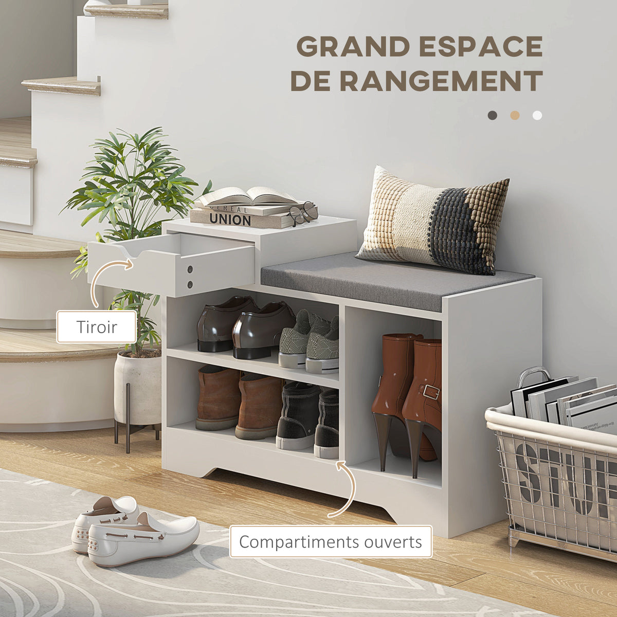 Mueble zapatero y banco con 1 cajón y 3 compartimentos, capacidad 5 pares, MDF, 76,5L x 30P x 52A cm