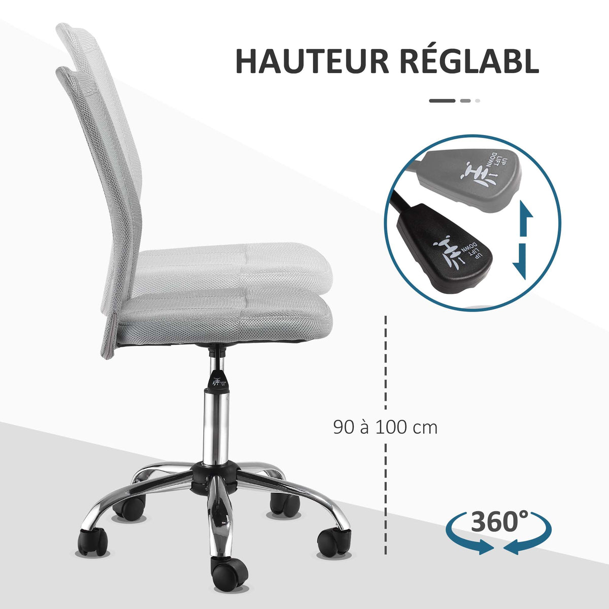 Chaise de Bureau Ergonomique, Fauteuil de Bureau, Hauteur Réglable, Piètement Chromé, Pivotant 360°, Revêtement Maille, Gris