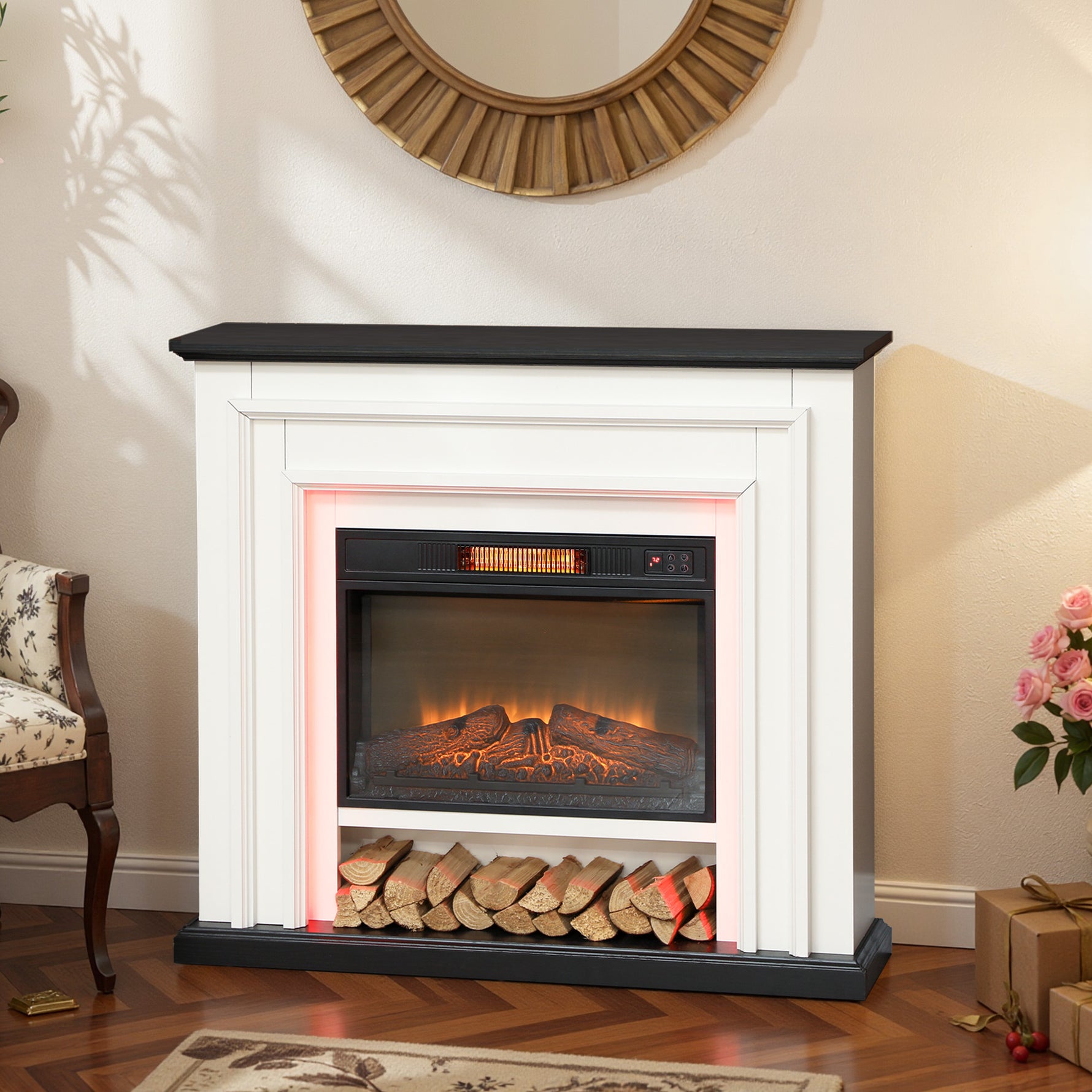 Cheminée électrique 1800W, fausse cheminée décorative lumières LED RGB, effet flamme, manteau, 105 x 27 x 97 cm, noir