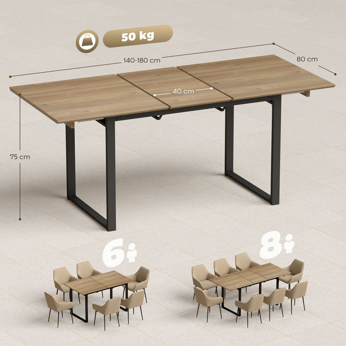 Mesa de comedor rectangular extensible para 6 a 8 personas, mesa de cocina con extensión de 140-180 cm, efecto madera natural