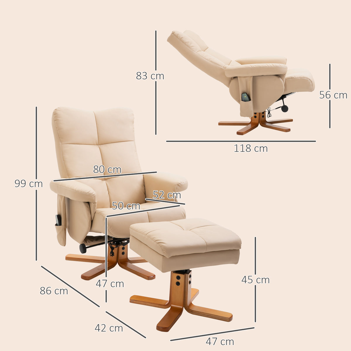 Massage-Relaxsessel mit Hocker, um 360° drehbarer Relaxsessel, neigbare Rückenlehne, 80 x 86 x 99 cm, Creme
